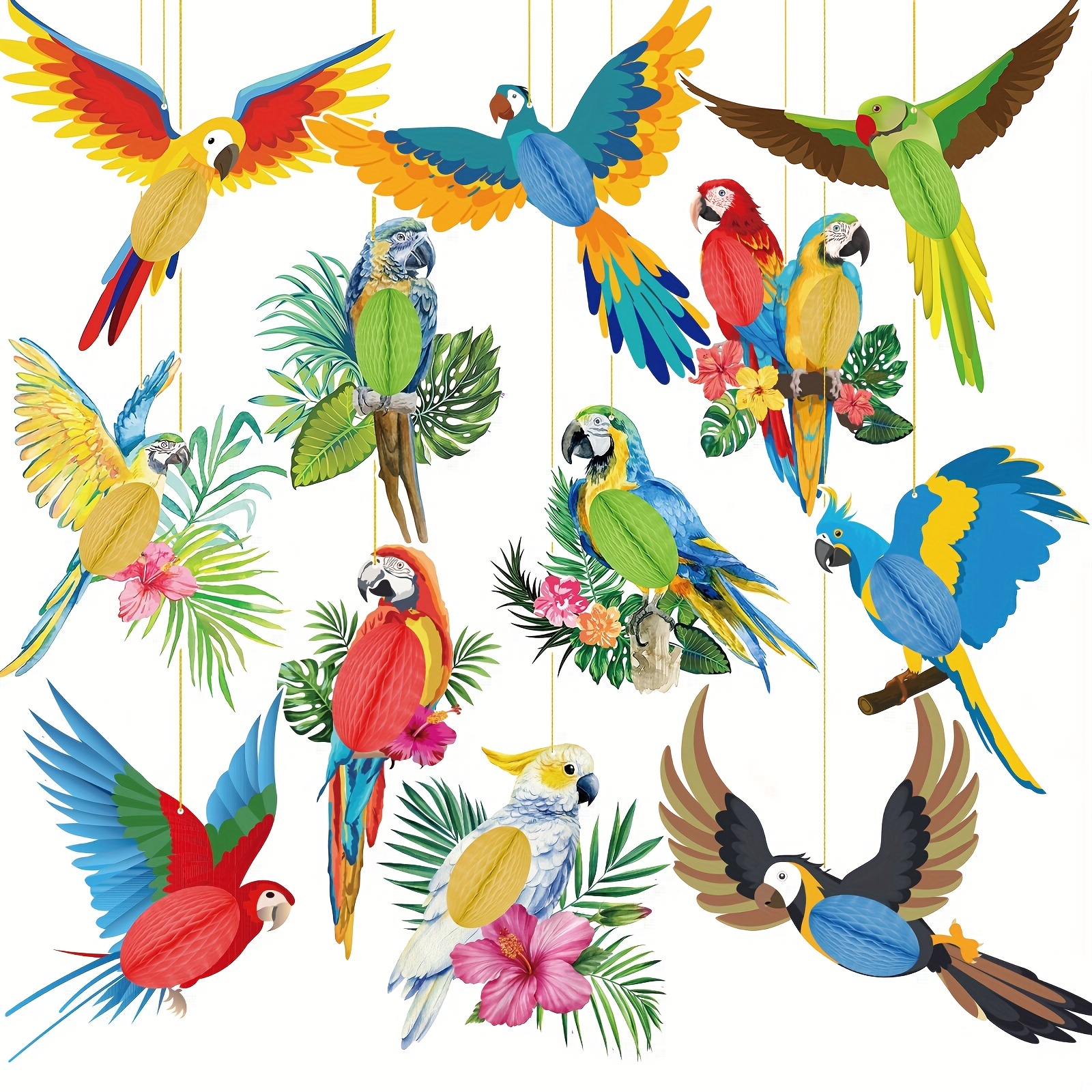 

12pcs, Tropical Birds Honeycomb Paper Cutouts - Perfect For Hawaiian Luau, Tiki Bar, Summer Beach, Jungle Safari, Rainforest Theme Birthday Party, Home, Classroom Decor Supplies