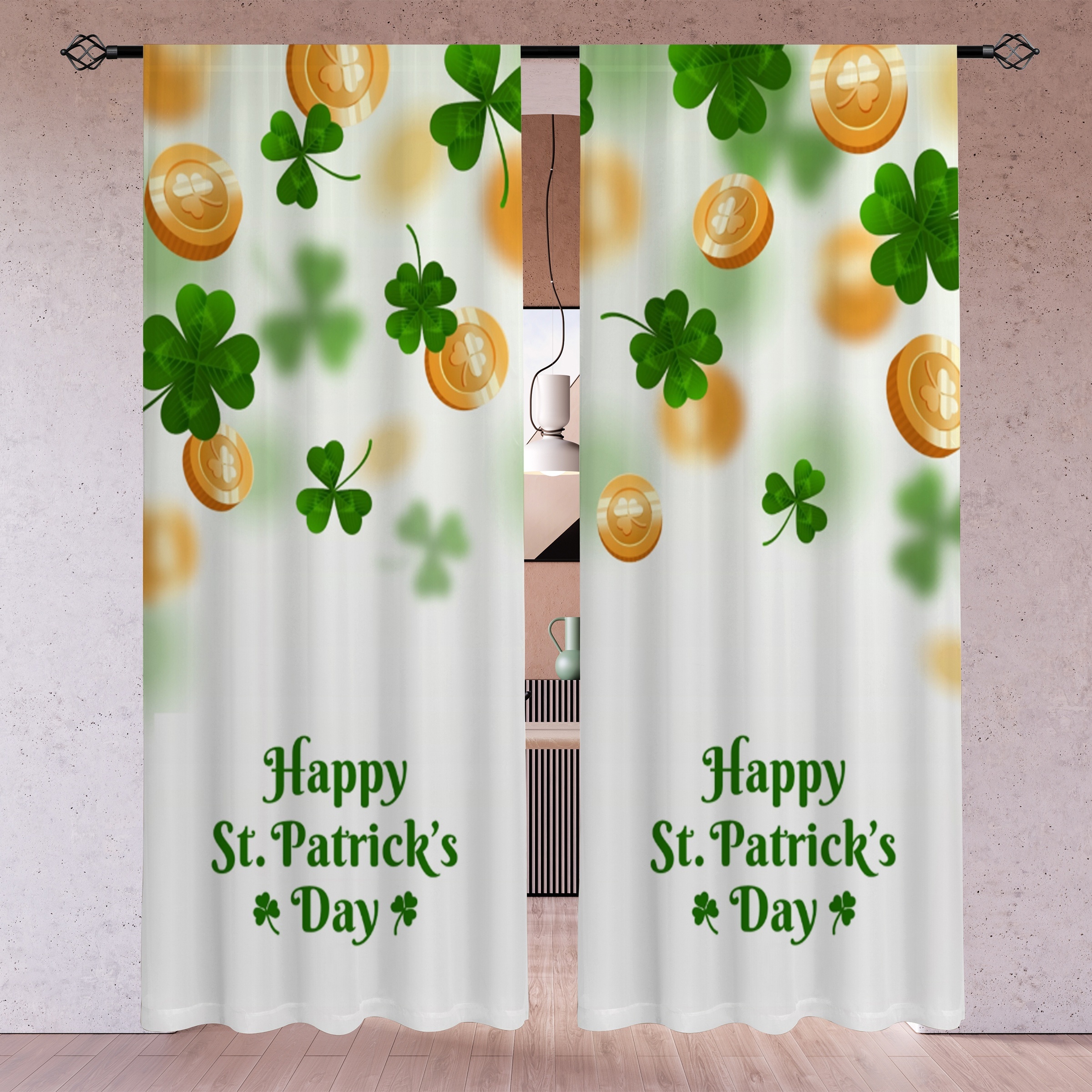 

2pcs/set, St. Patrick's Spring Clover Golden Coin Printed Semi-transparent Curtains, Living Room Game Room Bedroom Multi-scene Polyester Rod Pocket Decorative Curtains Home Decoration Party Supplies