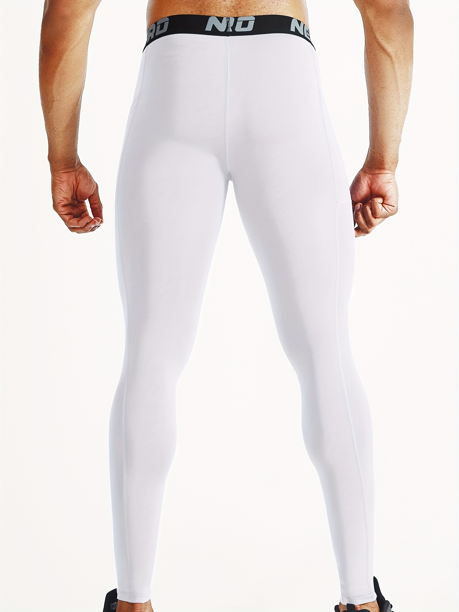 Men's Cool Dry Compression Pants- Active Workout Leggings Gym Tights  Pocket- Sports Pant for Running Yoga Basketball White Medium