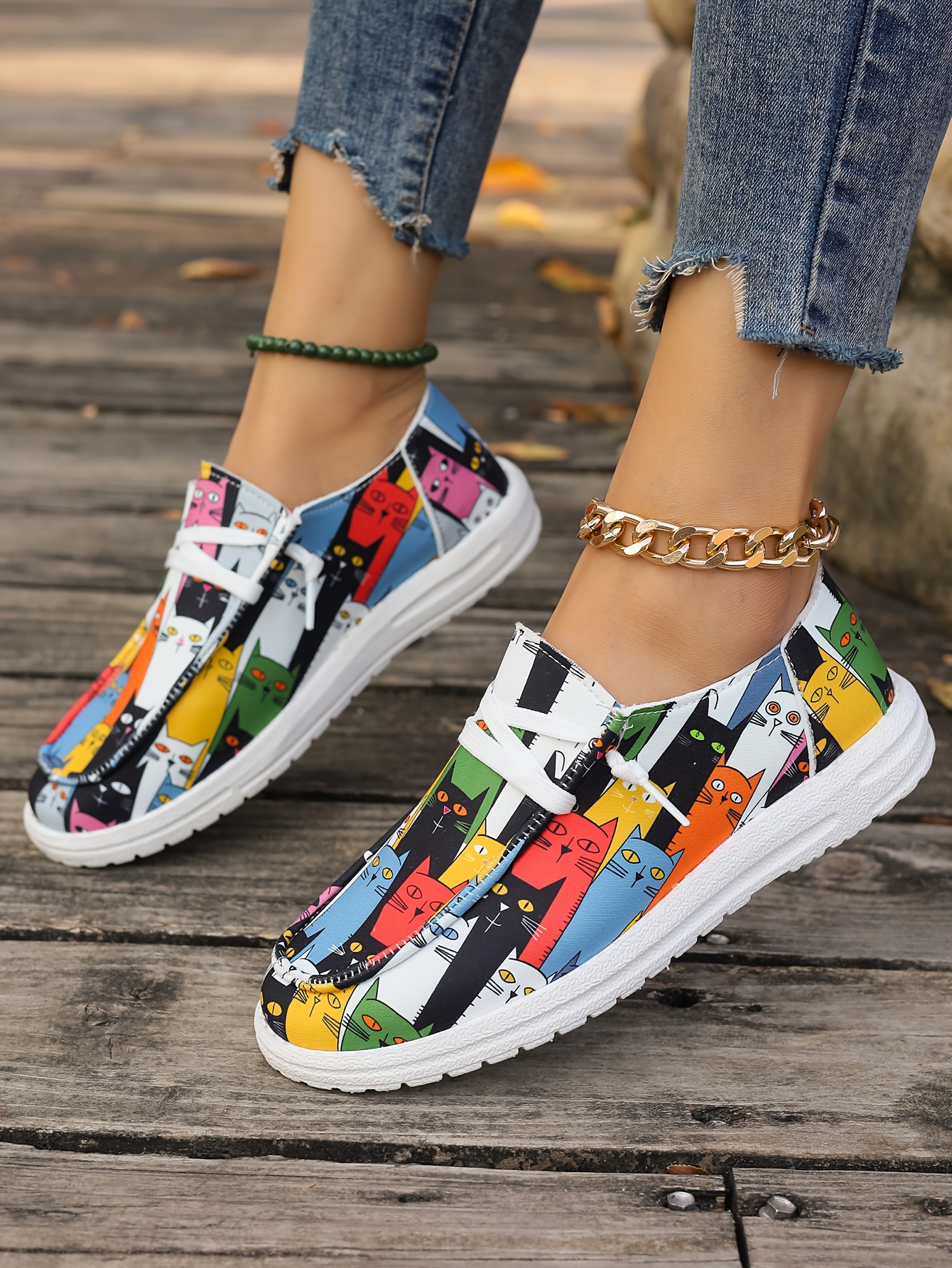womens cute cat print canvas shoes casual lace up outdoor shoes lightweight low top sneakers details 4