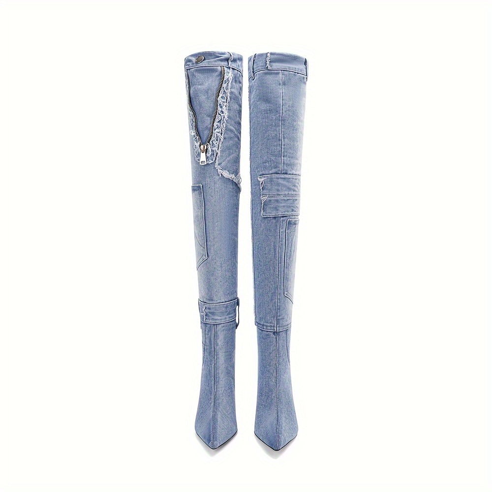 high heeled knee boots women s pointed toe stiletto denim details 3