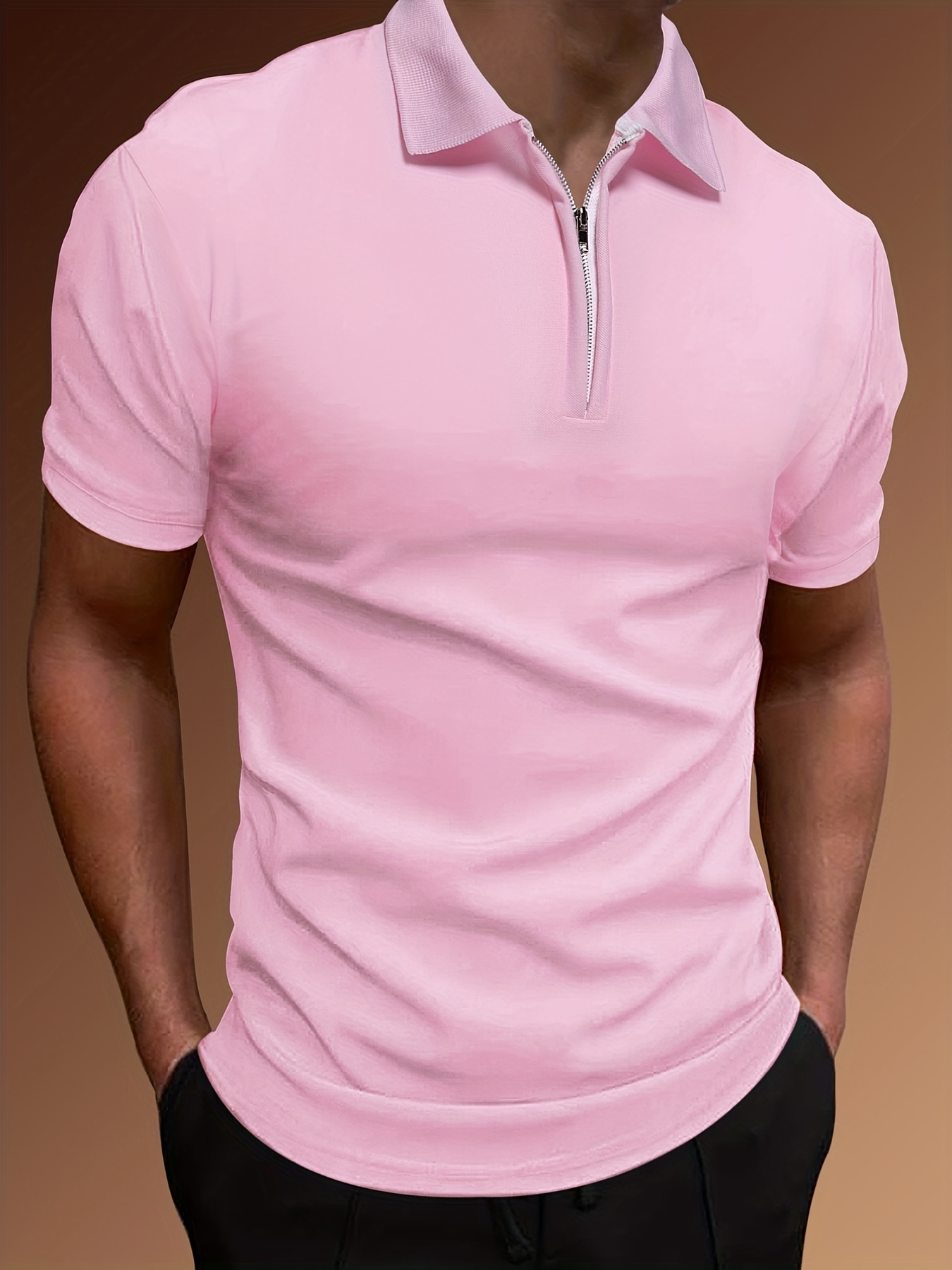  Men Summer Solid Color Zipper Top Shirt Short Sleeve