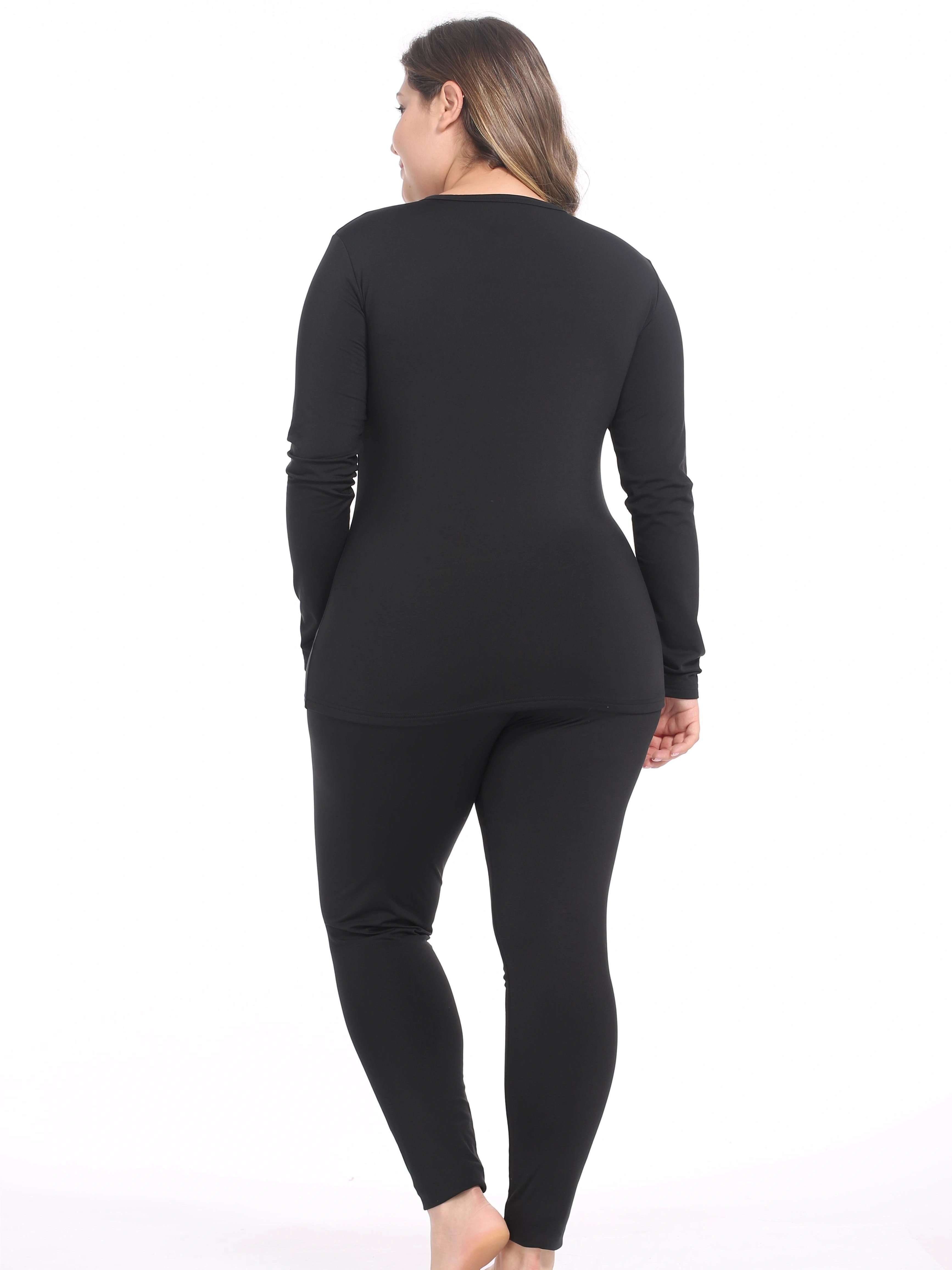 Plus Size Basic Thermal Underwear Set, Women's Plus Solid Long Sleeve Round  Neck Fleece Lined Top & Bottom Pajamas Two Piece Set