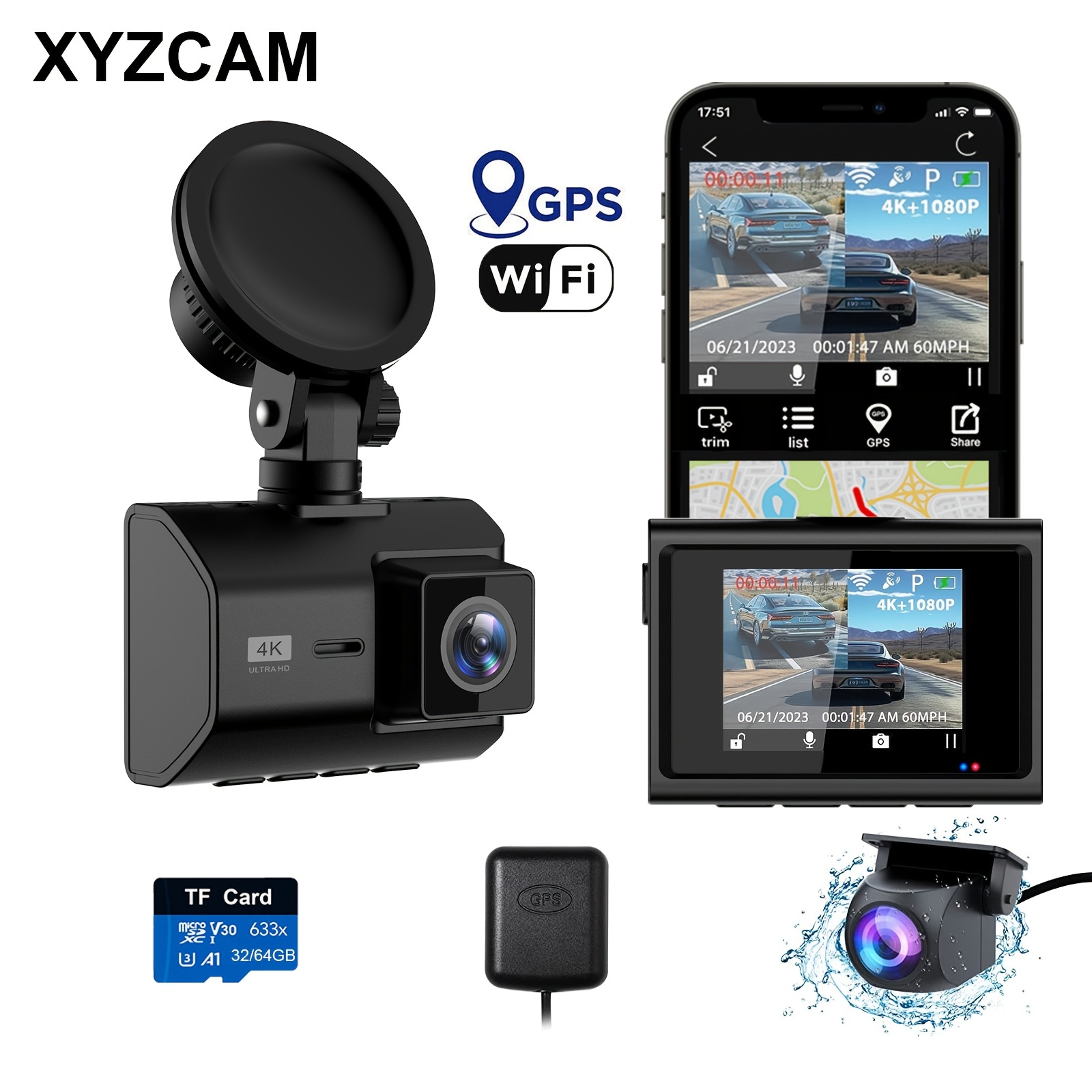 4K Dual Dash Camera With WiFi GPS 2160P+1080P Front And Rear Dash Camera  Night Vision 2.0 IPS Screen 140° Wide Angle Loop Recording Voice Control