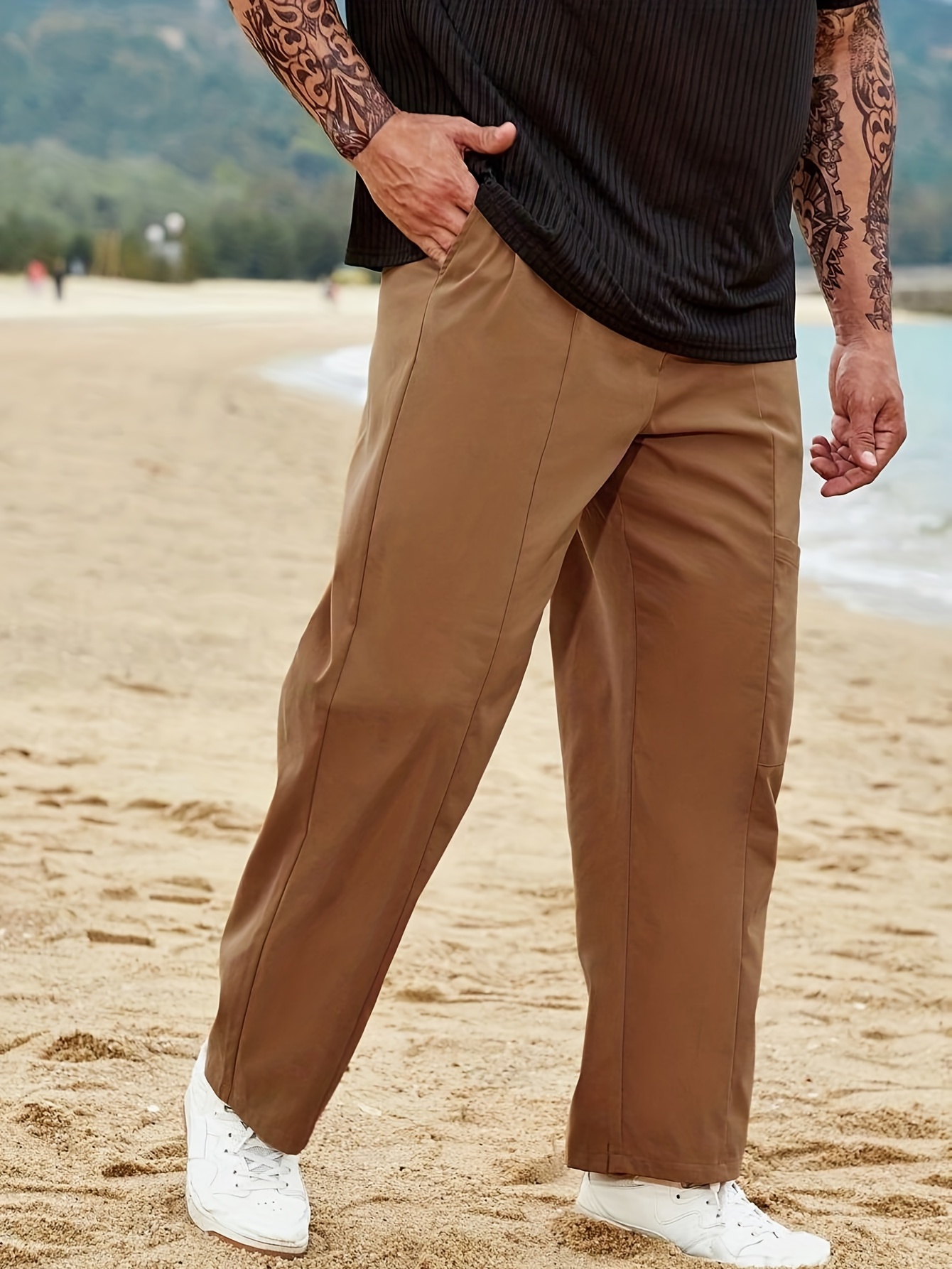 Plus Size Men's Casual Solid Cargo Pants With Pocket For Outdoor/workout,  Trendy Oversized Loose Fit Work Pants For Big & Tall Males, Men's Clothing
