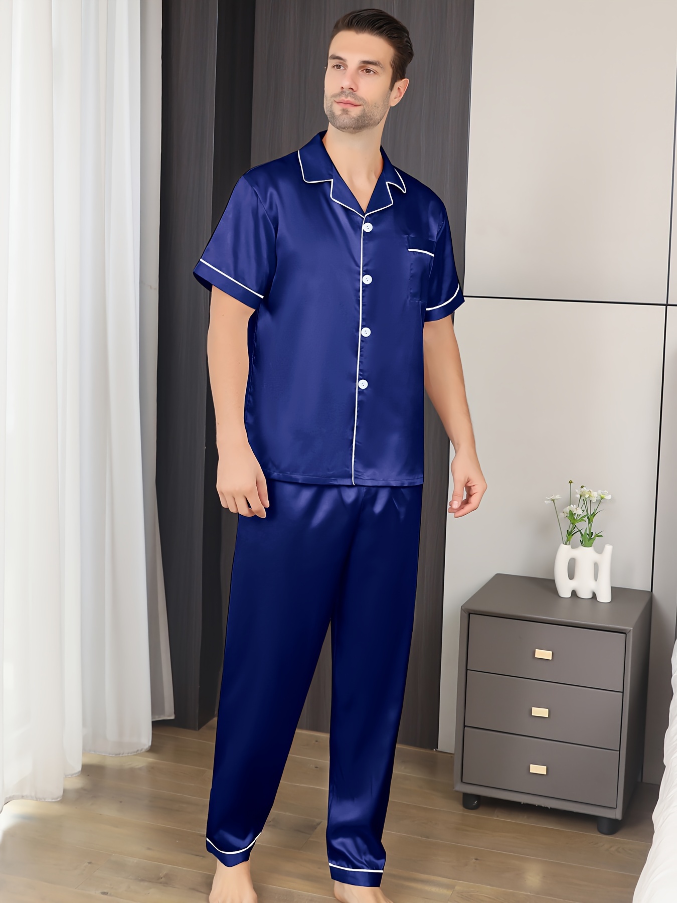 Pijama Hombre Satin Dos Piezas Con Bolsillo XL Dorado