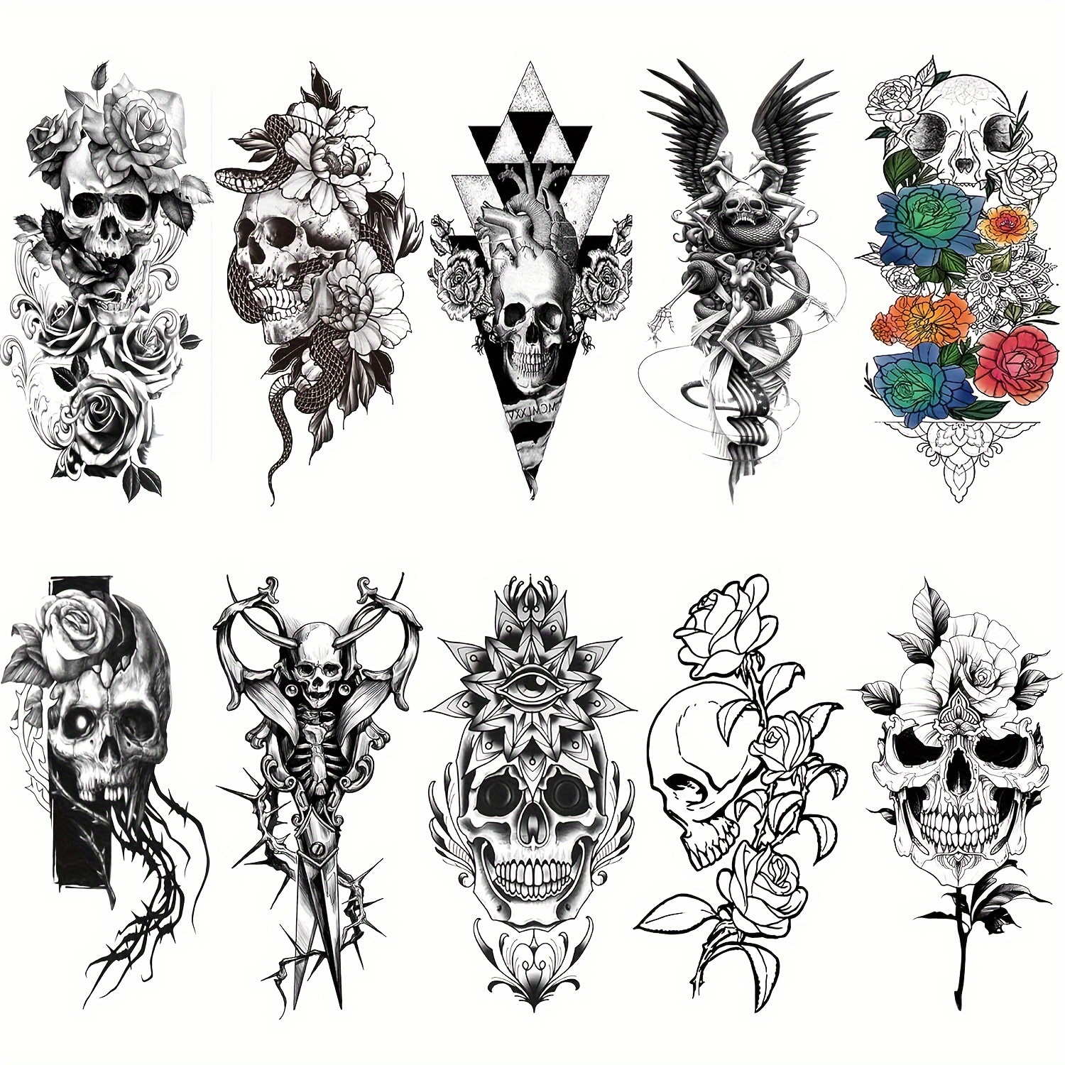 Rose Skull Temporary Tattoo Sleeve for Women Leg, 4-Sheet Full Arm  Realistic Color Flower Skull Fake Tattoo Sleeve Adult Girl and 4-Sheet  Large Floral