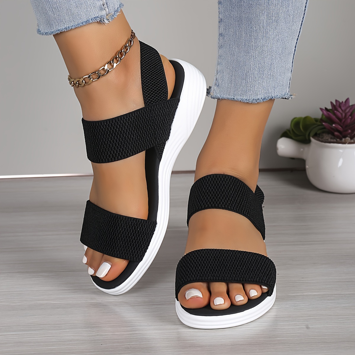 

Women's Elastic Band Flat Sandals, Casual Lightweight Open Toe Slip On Shoes, Comfy Outdoor Beach Sandals