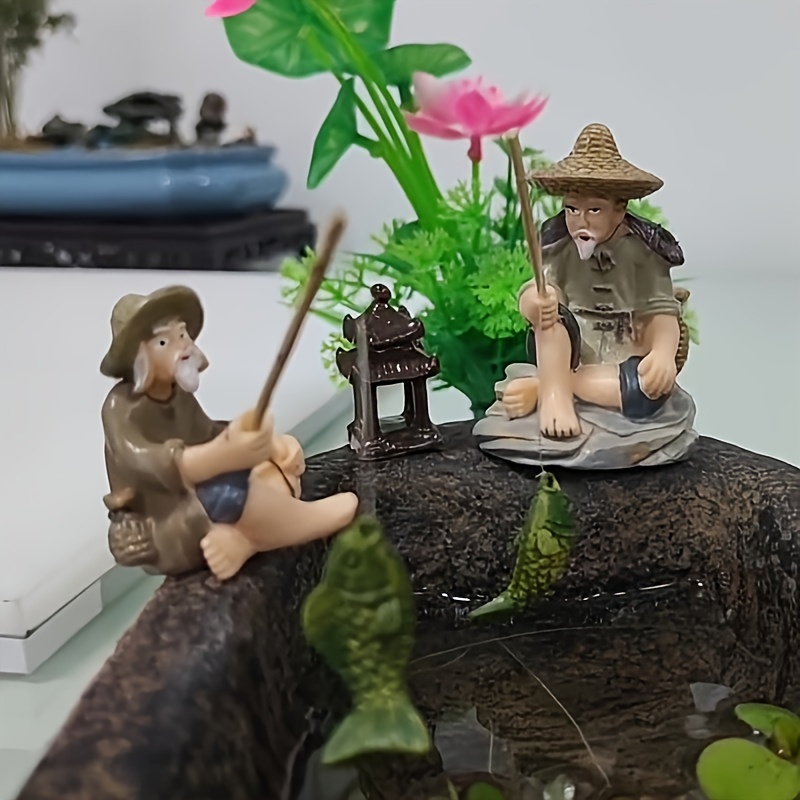 Old Man Fishing Miniature Figurines Micro Aquarium Landscape - Temu