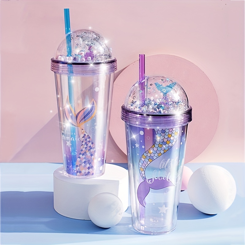 1pc Colorful Double Layer Fashion Tumbler With Soft Straw, Plastic Water  Bottle For Household