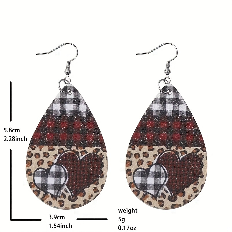 Leopard Pattern PU Leather LOVE Teardrop Shape Earrings For Men Gift