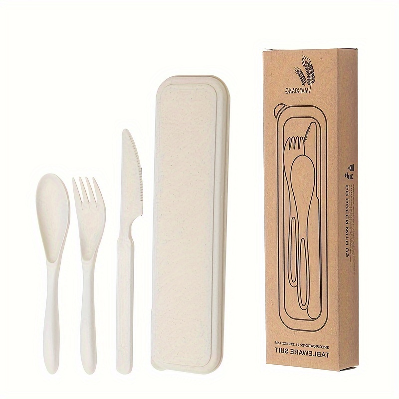 Reusable Travel Utensils Set with Case, Beige Wheat Straw Portable Knife  Fork Spoons Tableware, Eco-Friendly BPA Free Plastic Cutlery Travel Picnic