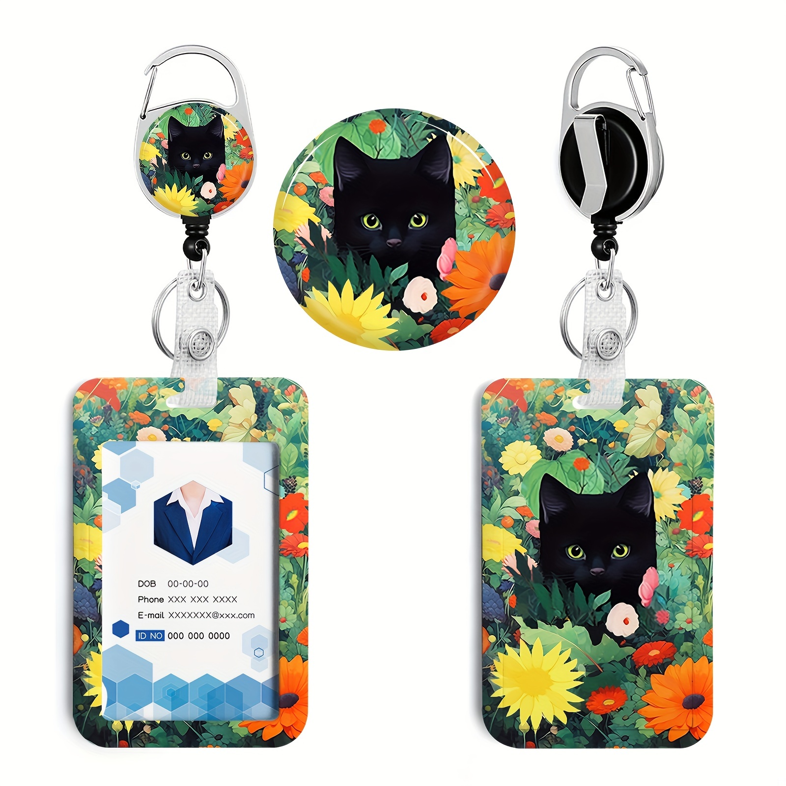 Cute Black Cat Badge Reel - Heavy Duty Retractable ID Holder with Spring  Flowers