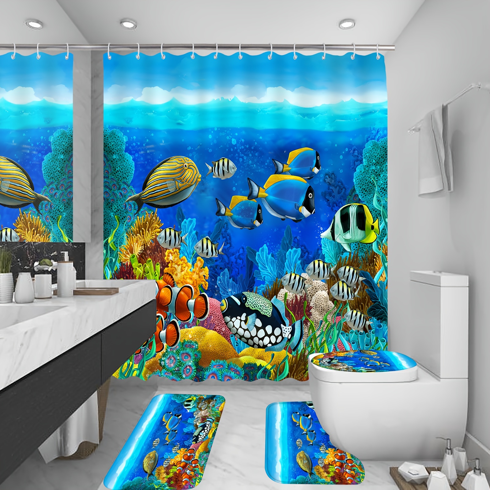 1/4pcs Coral Fish Shower Curtain Set, Blue Ocean Undersea World Shower  Curtain, Waterproof Shower Curtain With 12 Hooks, Bathroom Rug, Toilet  U-Shape