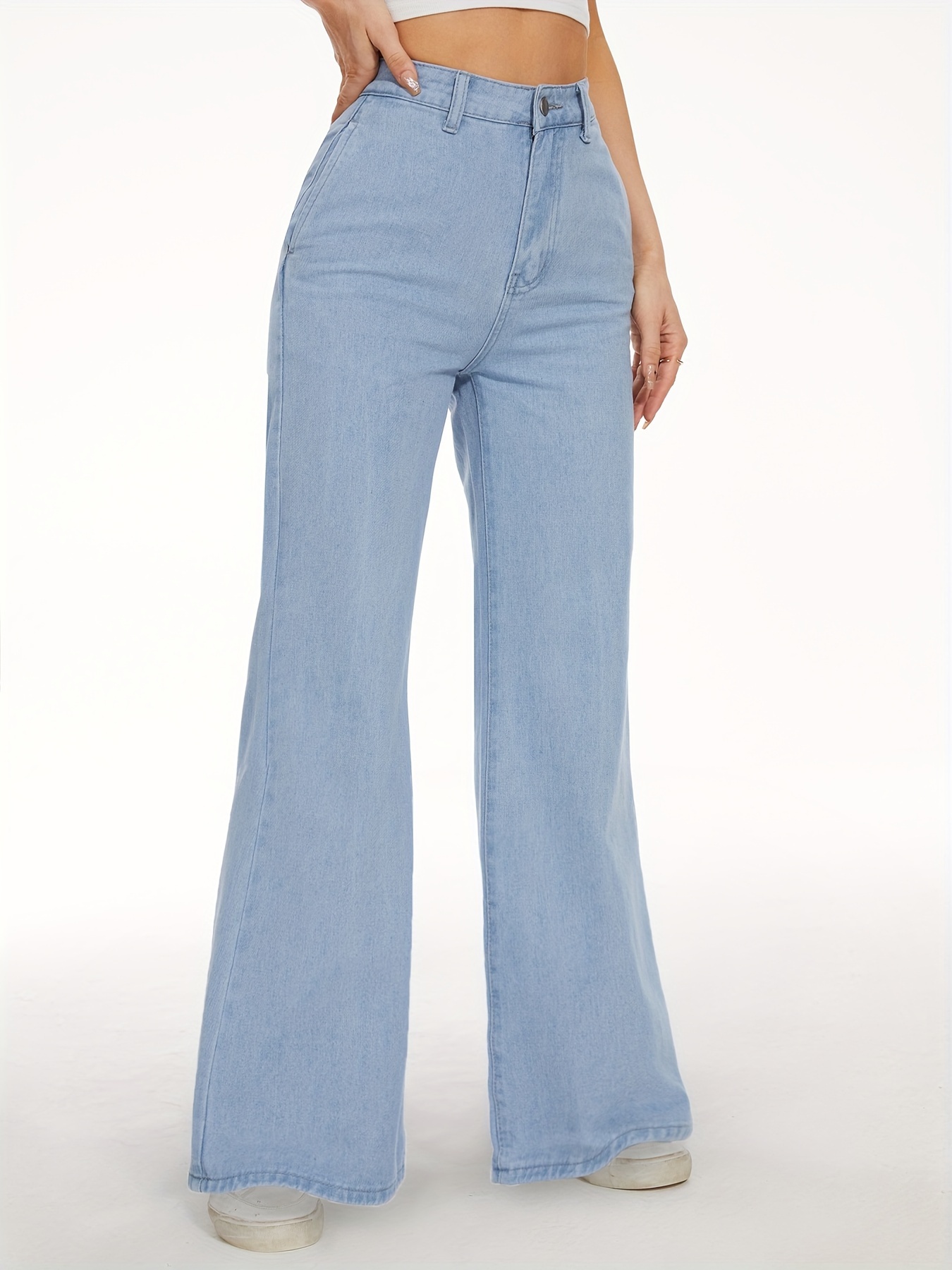 Blue Casual Wide Legs Jeans, Loose Fit Slash Pockets Straight Legs Mid  Waist Denim Pants, Women's Denim Jeans & Clothing