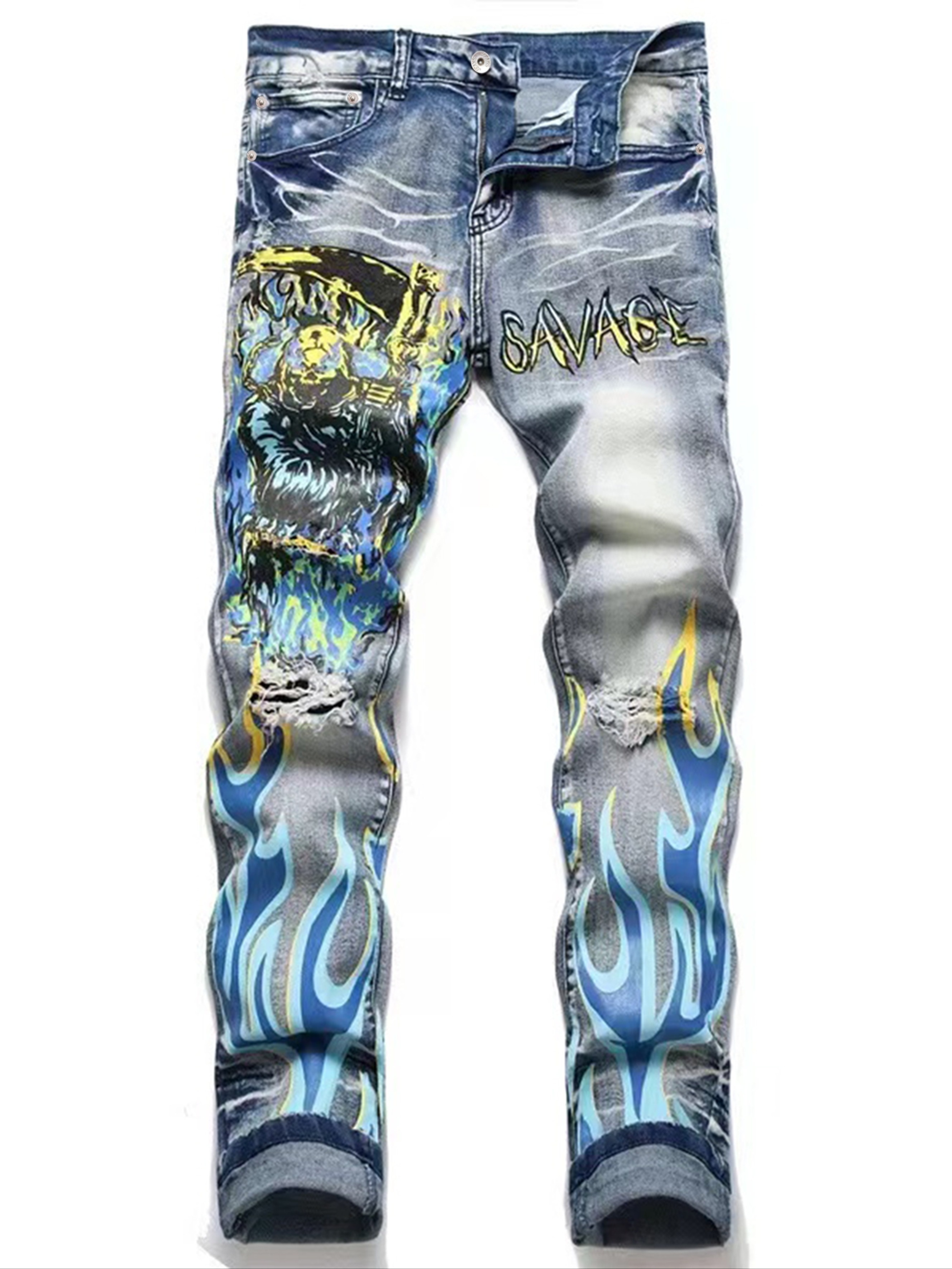 y2k Slim Fit Punk Style Printed Jeans, Men's Casual Street Style Denim Pants