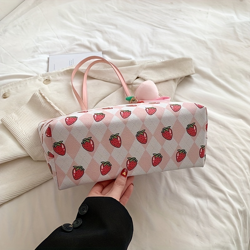 Strawberry Tote Bag Canvas Tote Bag Pink Green Graphic Tote 