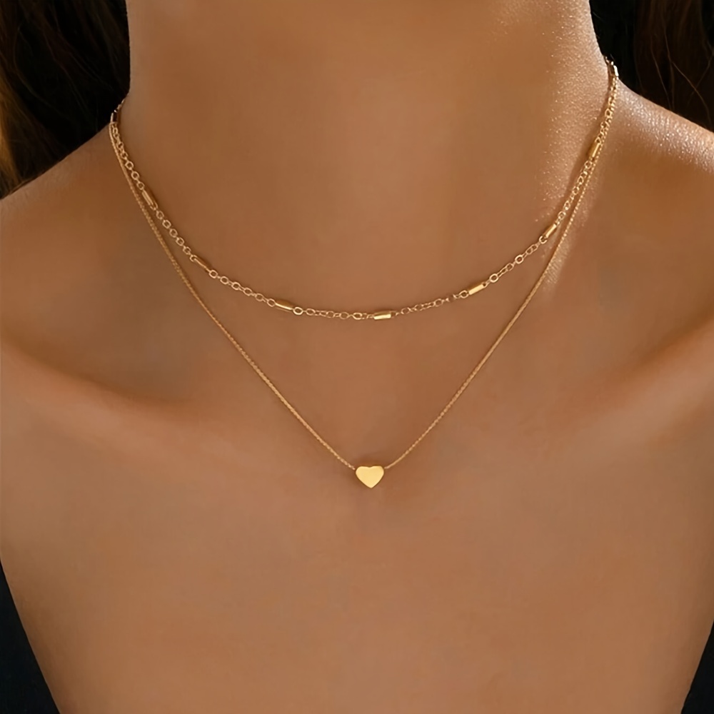 

1pc Simple Sweet Style Double Layer Stacking Clavicle Chain, Women's Exquisite Thin Chain Love Pendant Necklace Clavicle Chain