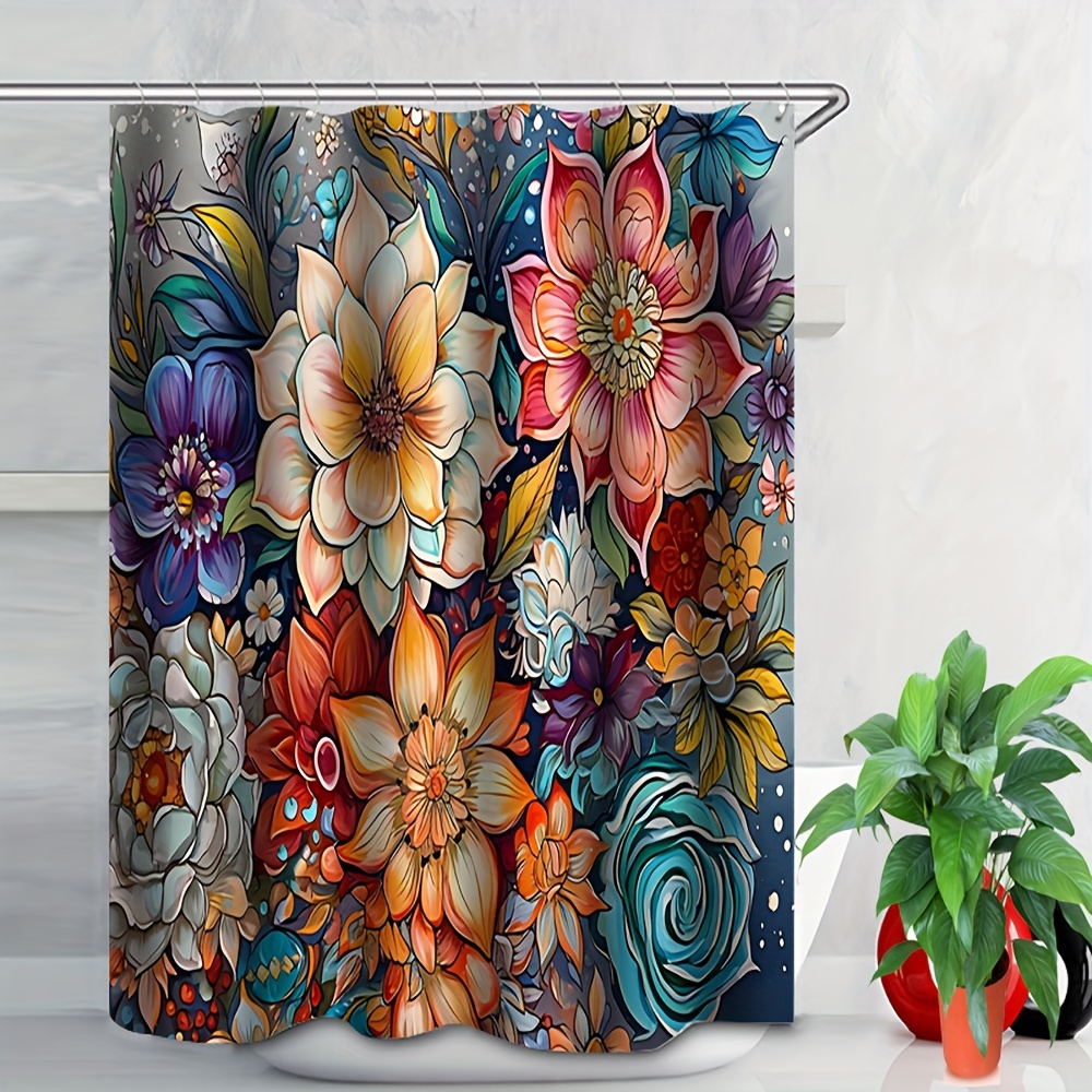 4pcs Bohemian Flower Bathroom Set, Waterproof Shower Curtain With 12 Hooks,  Non-Slip Bathroom Rug, Toilet U-Shape Mat, Toilet Lid Cover Pad, Aesthetic