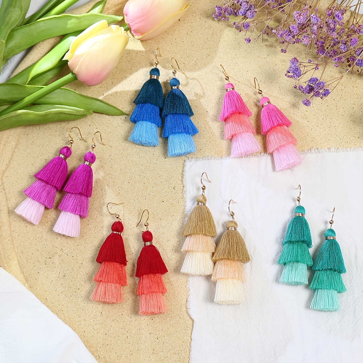 

6pairs/set Dangle Earrings Cone Tassel Design Synthetic Fiber Rope Earrings Retro Boho Style Jewelry Trendy Gift For Women