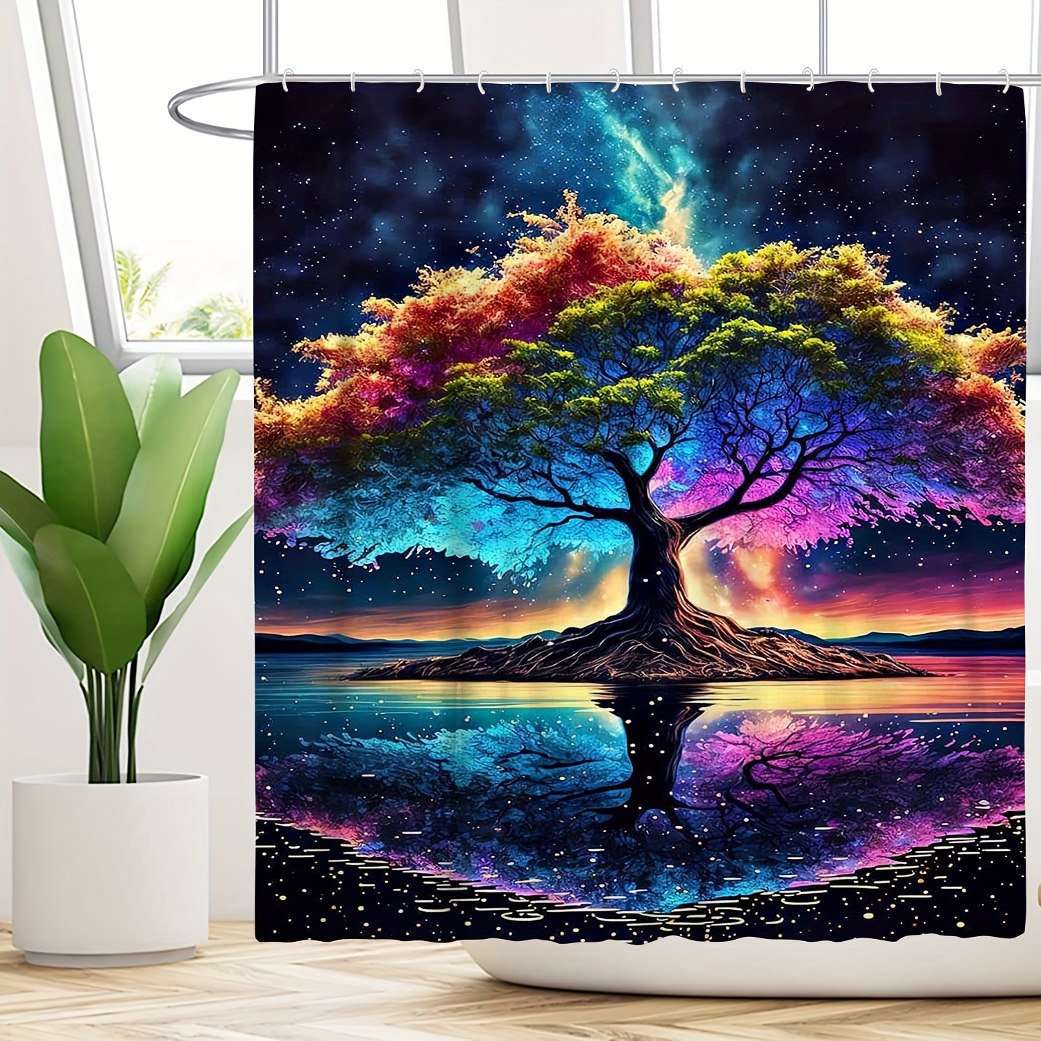 4pcs Colorful Tree Pattern Shower Curtain Set, Bathroom Rug, U-Shape Mat,  Toilet Lid Pad, Waterproof Curtain With 12 Hooks, Aesthetic Bathroom Decorat