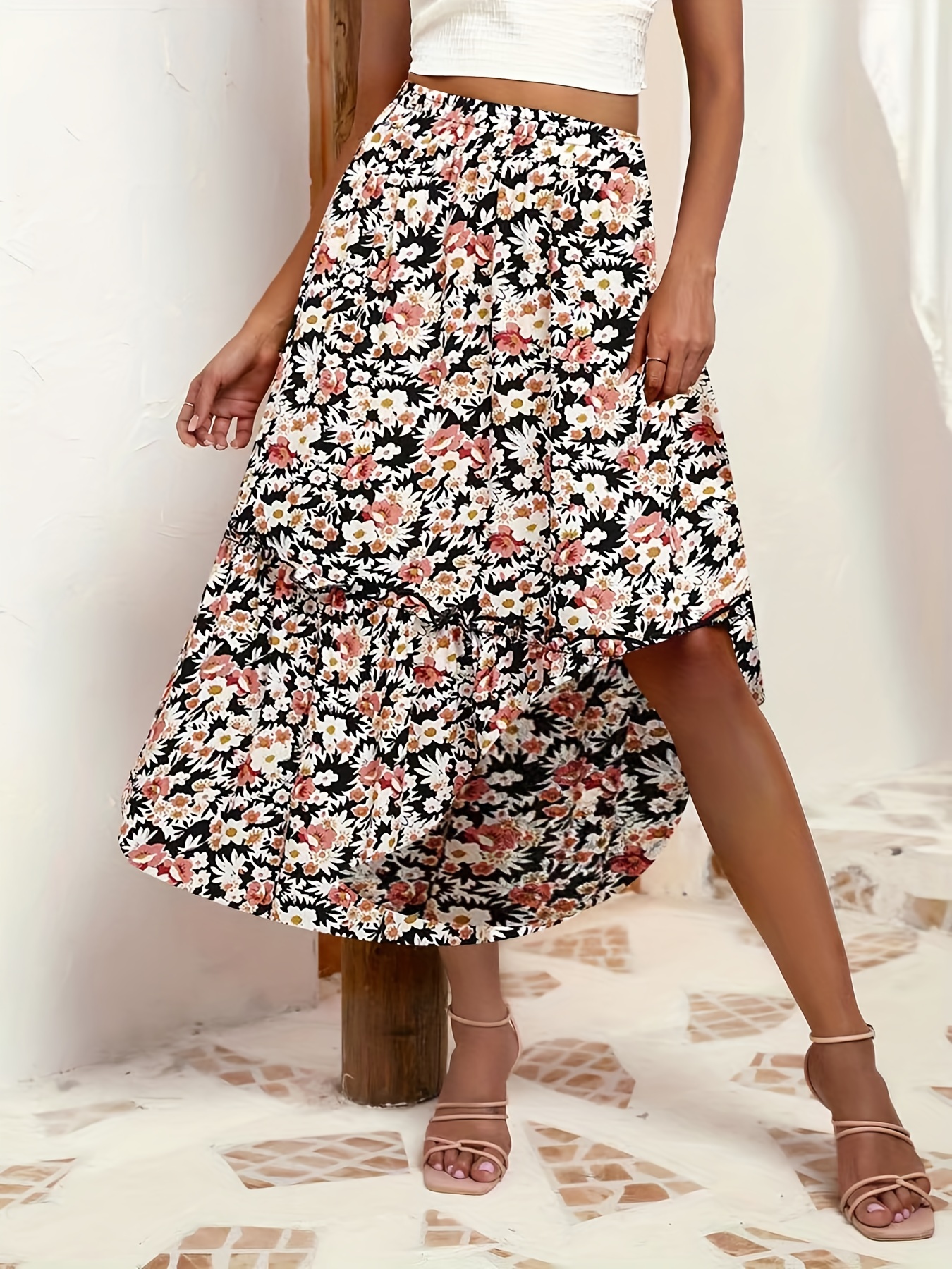 High waisted floral print 2025 tiered hi-lo maxi skirt