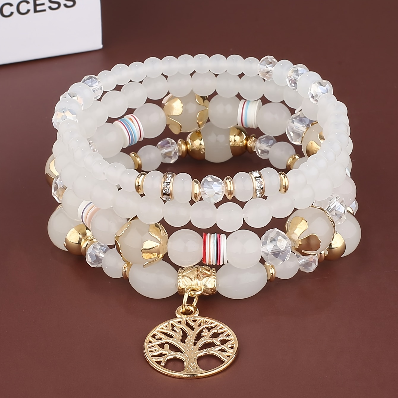 

4pcs Hollow Out Tree Of Life Pendant Beaded Bracelet Set Boho Style Stackable Handmade Hand String Jewelry Set