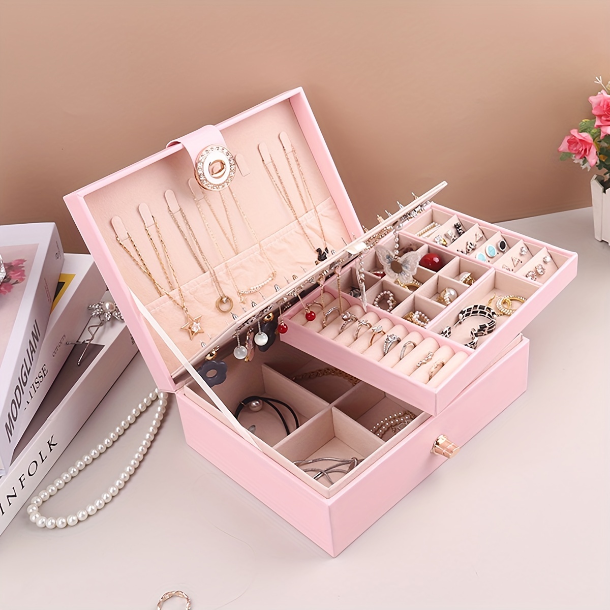 Pu Leather Jewelry Box Large Capacity 2 layer - Temu