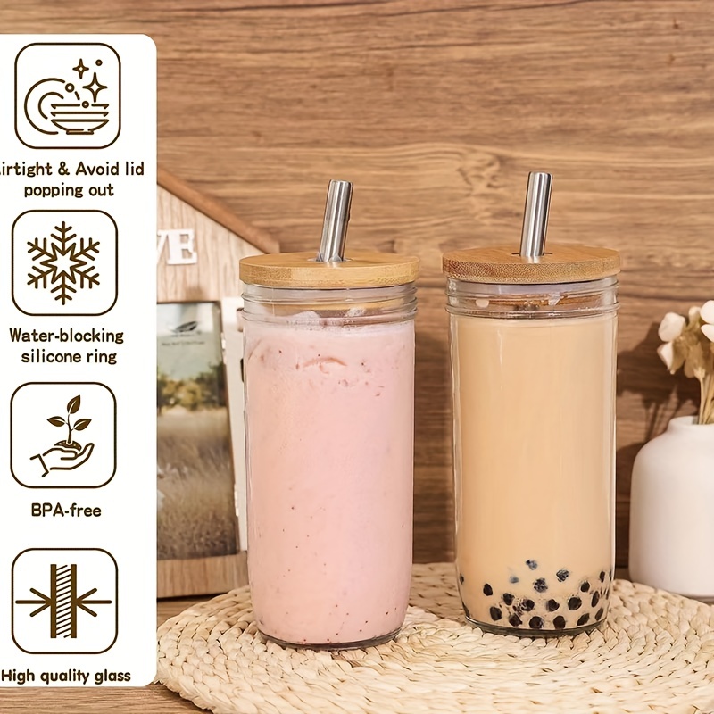  [ 6pcs Set ] Glass Cups with Bamboo Lids and Glass Straw - Beer  Can Shaped, 16 oz Iced Coffee Drinking Glasses, Cute Tumbler Cup for  Smoothie, Boba Tea, Whiskey, Water 