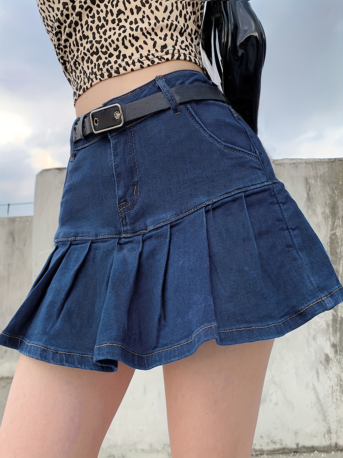 Mini Print Pocket Denim Skirt, Jeans Skirt, Women's Pleated Inside Preppy Y2K Style Women's Denim Shorts Women's Denim Shorts Skirts,Temu