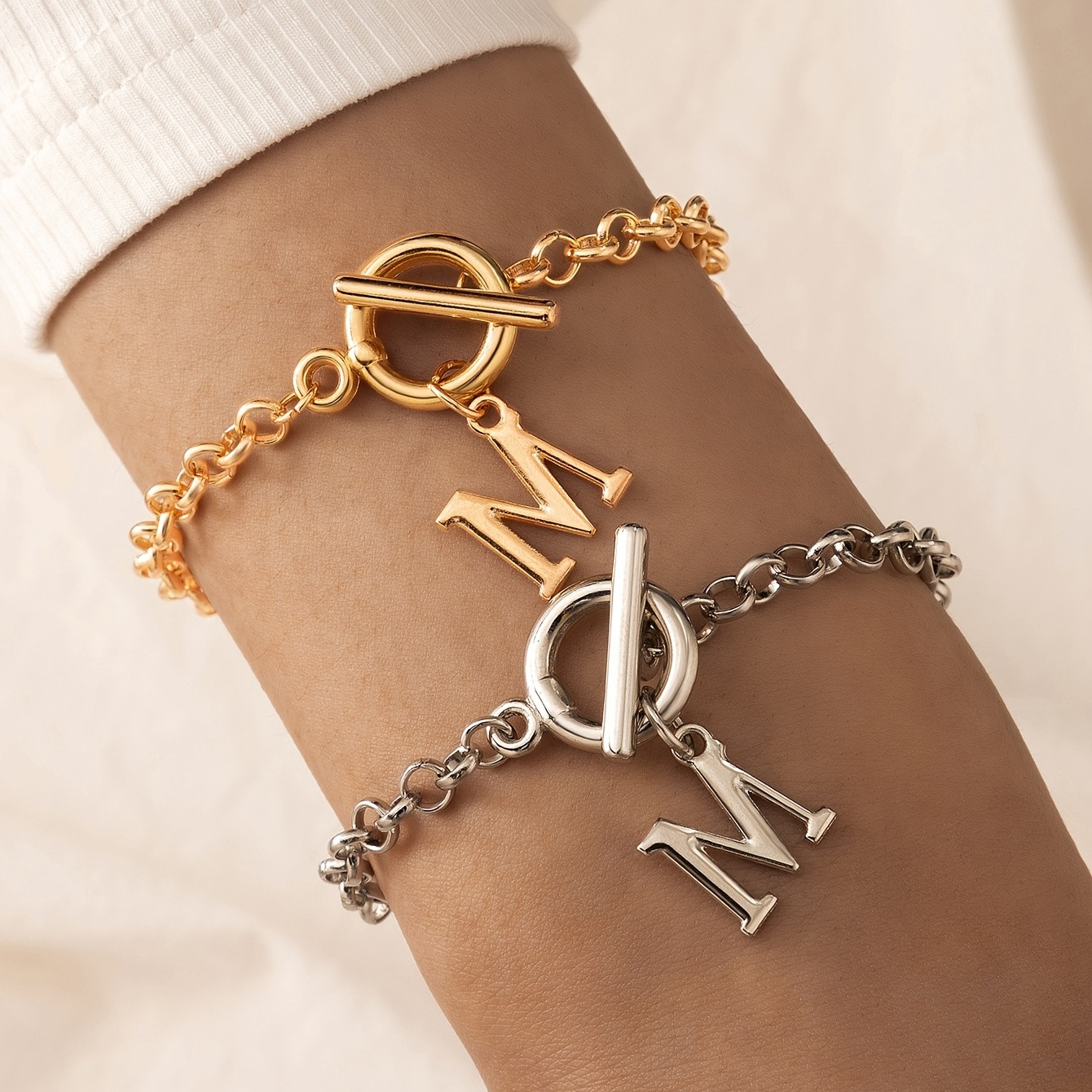 Ot Buckle Chain Bracelet M Letter Shape Pendant Simple Alloy Hand Chain For  Daily Clothing Accessories 2 Pcs, 90 Days Buyer Protection