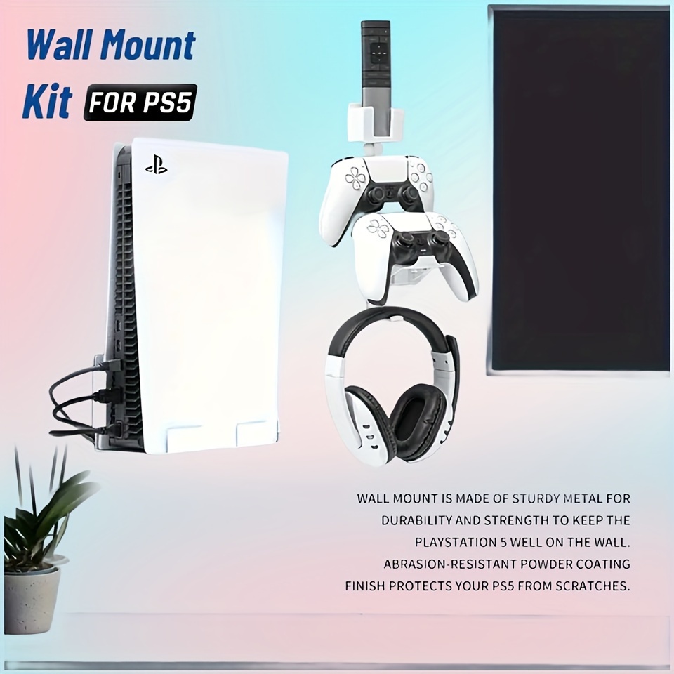 Kit de montaje en pared para PS5, soporte de pared para PS5 con soporte  para controlador Playstation 5, gancho para auriculares y caja de