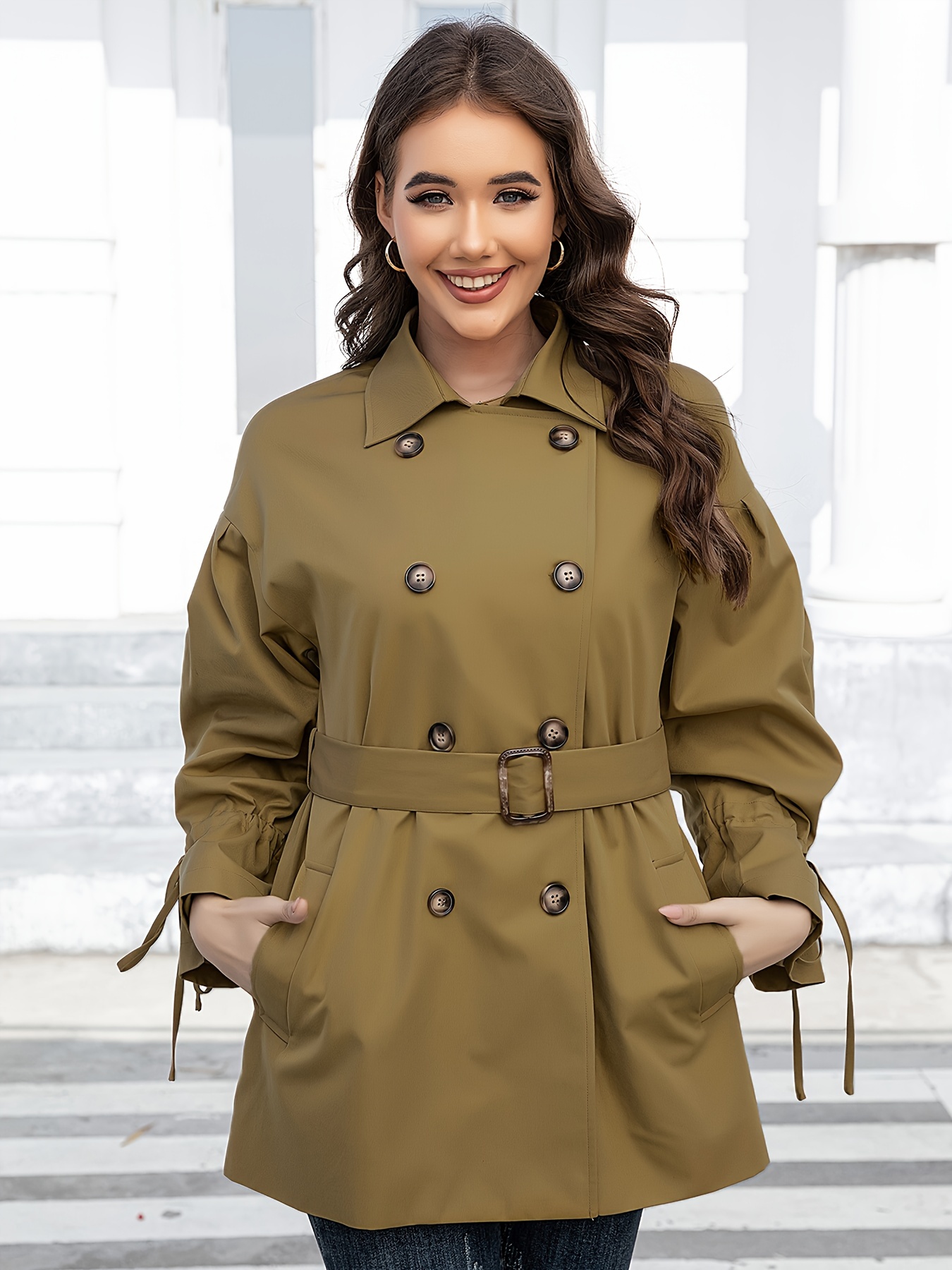 Double Breasted Belted Trench Coat Vintage Solid Lapel Drop - Temu