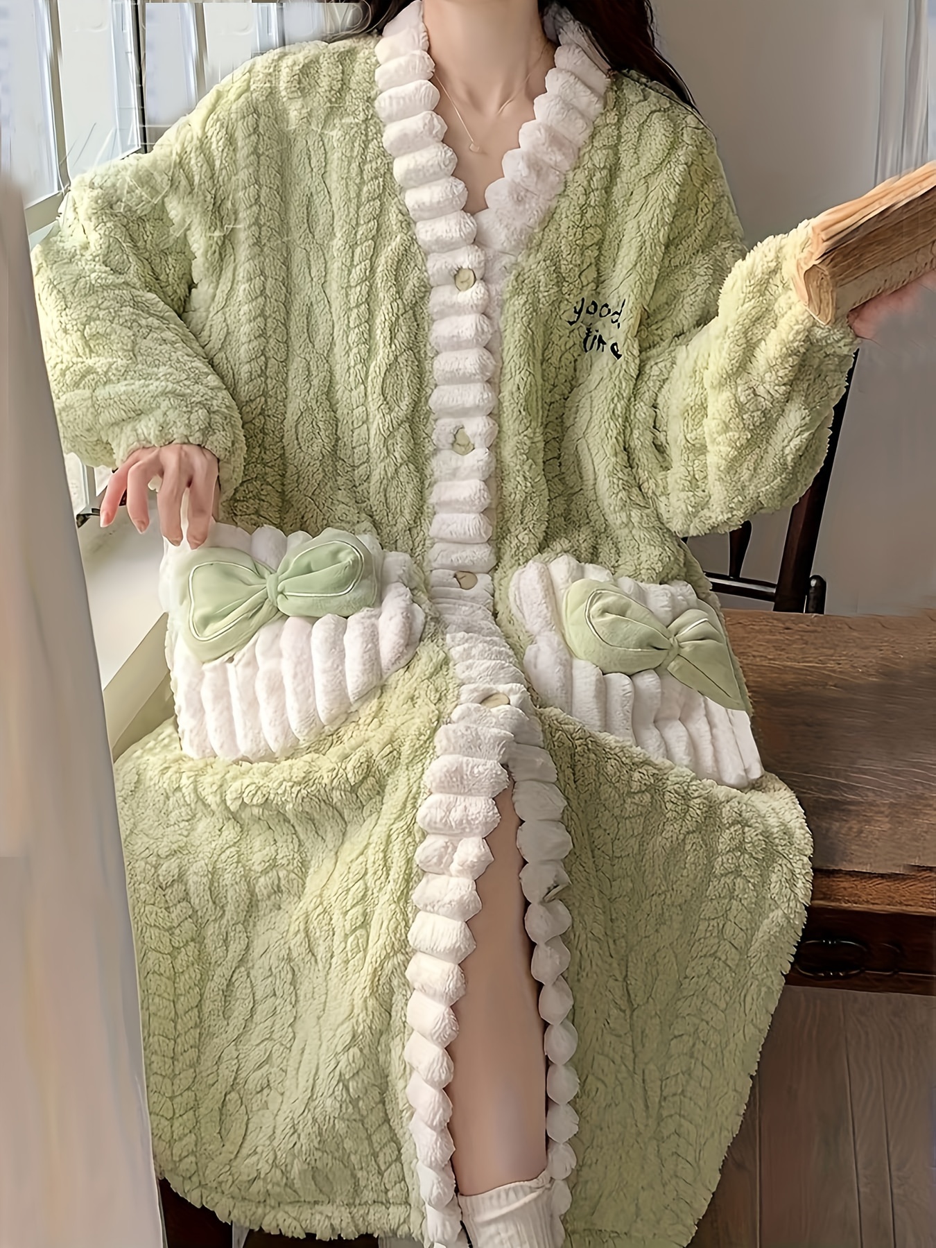 Thickened Warm Plush Home Pajamas Simple Long Sleeve V Neck - Temu
