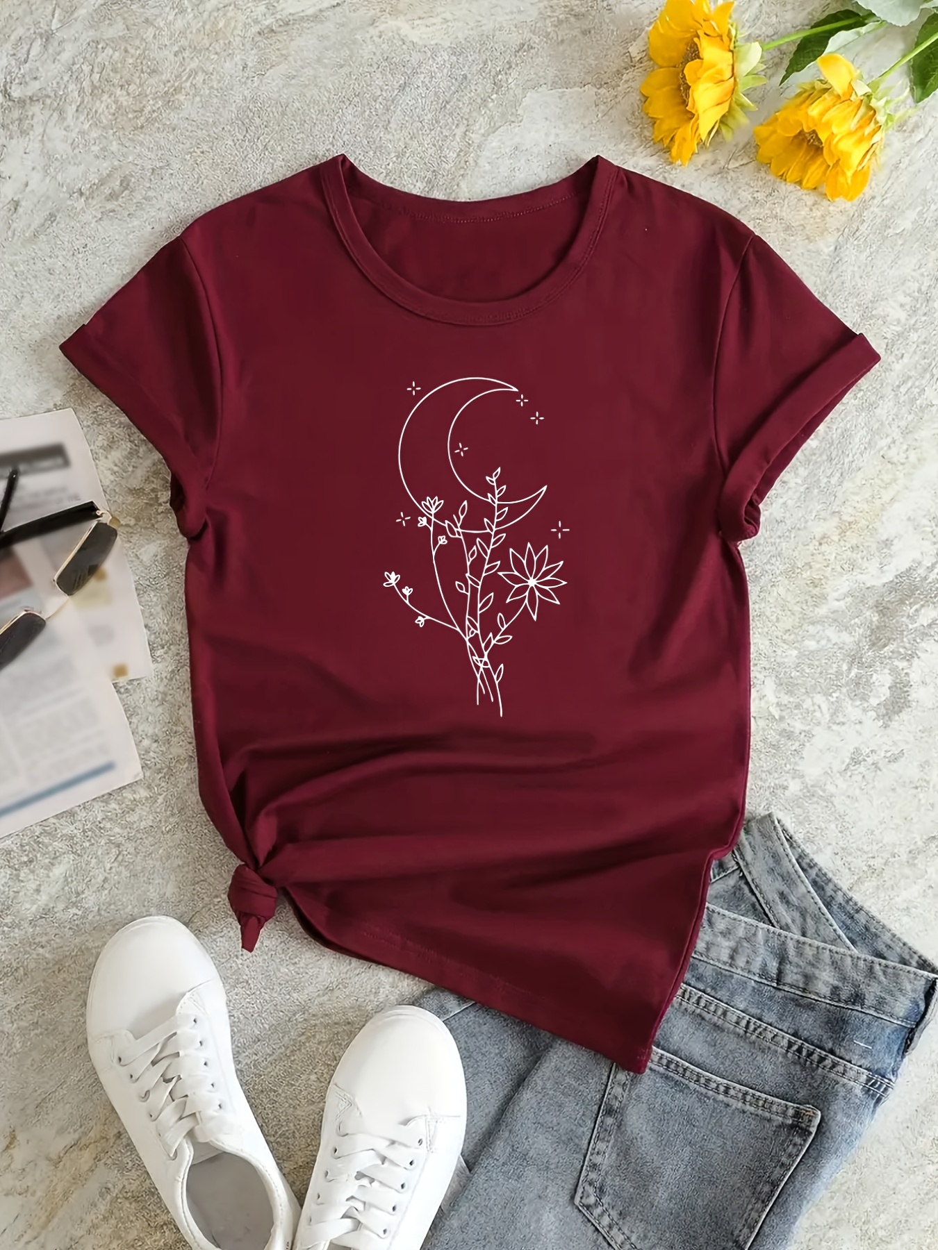 Camiseta Estampado Lunar Floral Top Casual Manga Corta - Temu