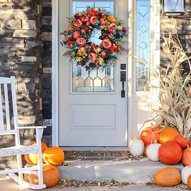Fall Peony and Pumpkin Wreath, Autumn Year Round Wreaths for Front Door,  Artificial Fall Wreath, Maple Leaf Berry Pumpkin Pinecone Harvest Wreath  (40