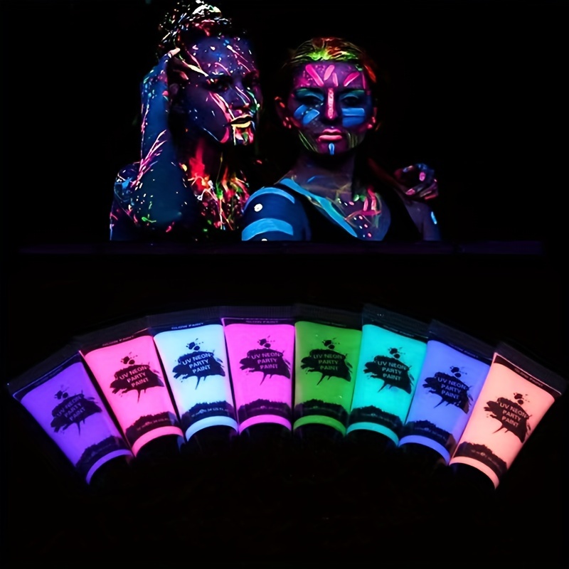 Kit de pintura facial UV, pintura que brilla en la oscuridad, pintura  corporal fluorescente neón de 8 colores, pincel profesional, maquillaje de  luces