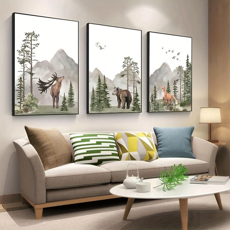 1pc Framed Animals Canvas Print Poster, Grove Mountain Woodland Wildlife  Lodge Bear Canvas Wall Art, Artwork Wall Painting For Bathroom Bedroom  Office