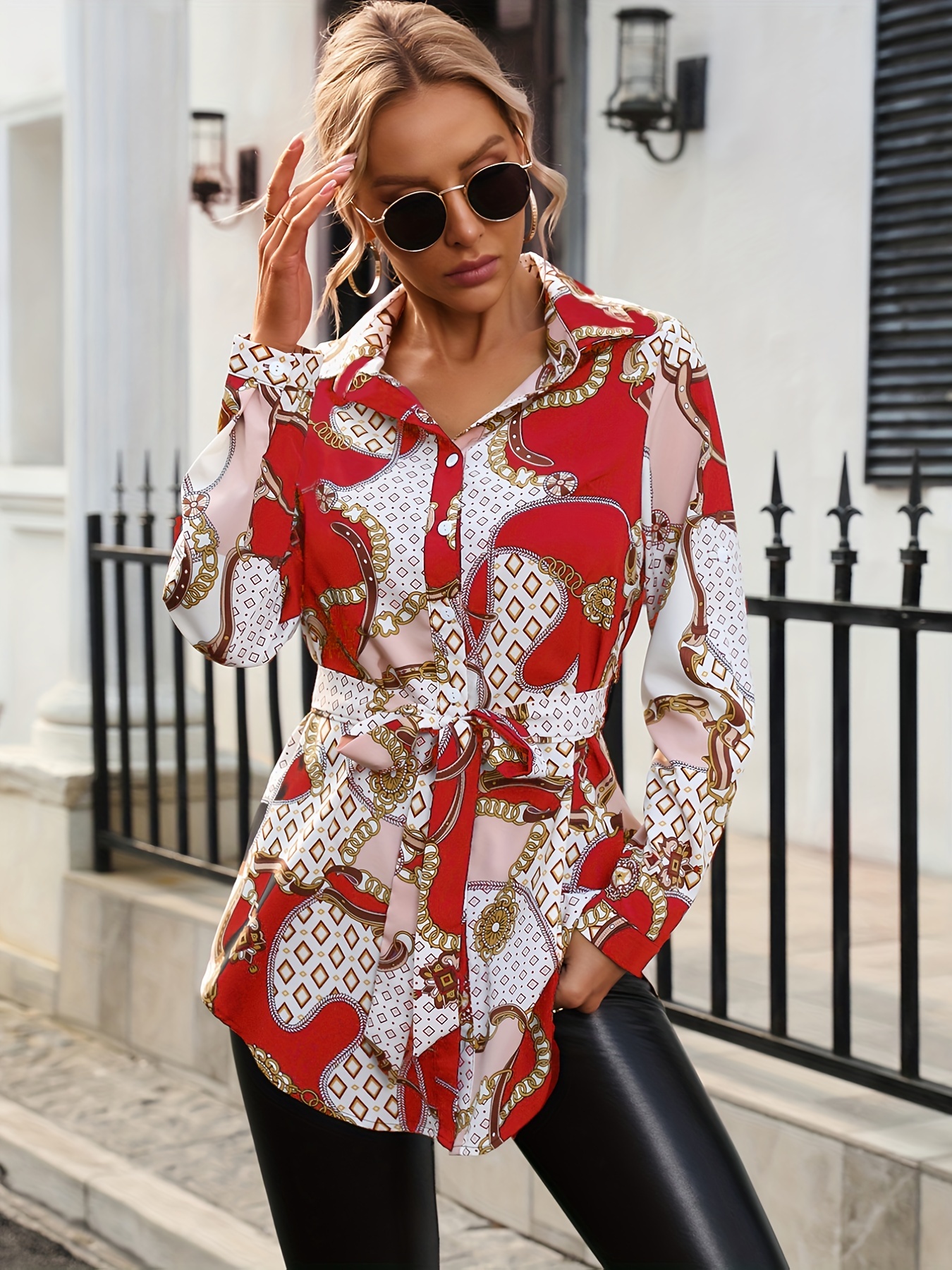 Women's Button Shirts Long Sleeve Chain Print Belted Blouse - Temu