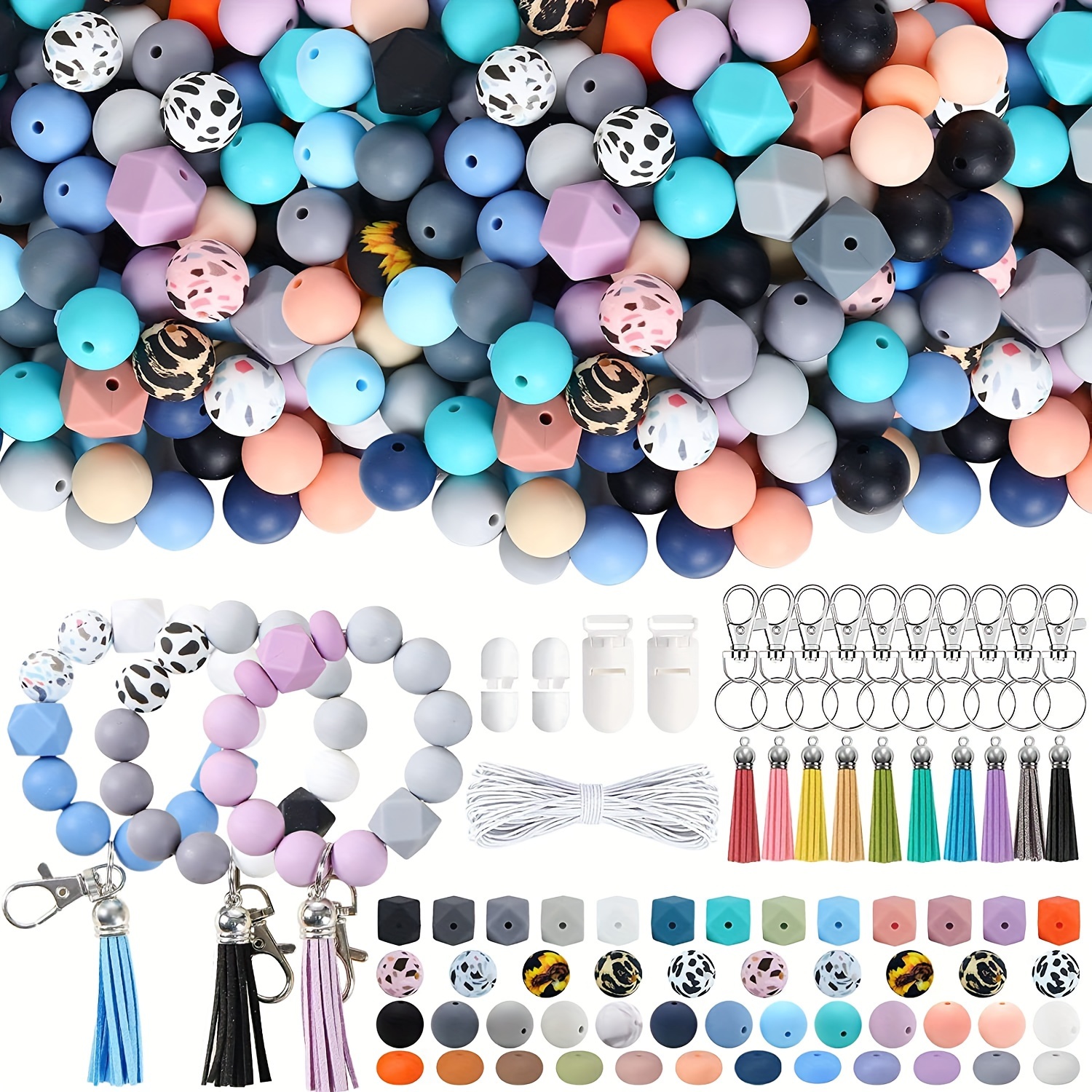 Diy Silicone Beaded Keychain Making Kit Round Candy Color - Temu