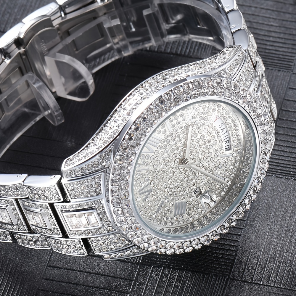 1pc Double Calendar Quartz Mens - Temu Watch Accessories - Golden Mens Silver Jewelry Zircon Wrist Watch Waterproof Luxury & Iced