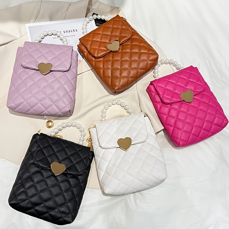 Argyle Quilted Chain Crossbody Bag, Heart Decor Flap Purse, Women's Lovely  Square Handbag - Temu