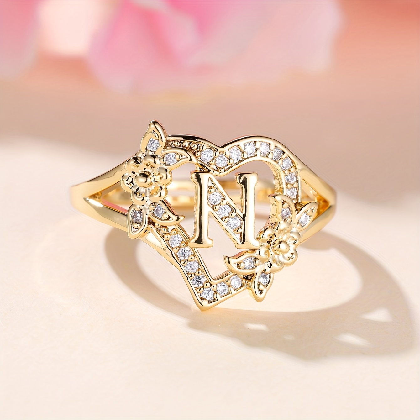 ANGOL Adjustable Cuff Ring for Women - Vintage & Boho Style, Golden-Tone with Floral and Letter Design, Perfect for Weddings and Parties, Gift for Her, Adjustable Jewelry, Boho Adjustable Ring