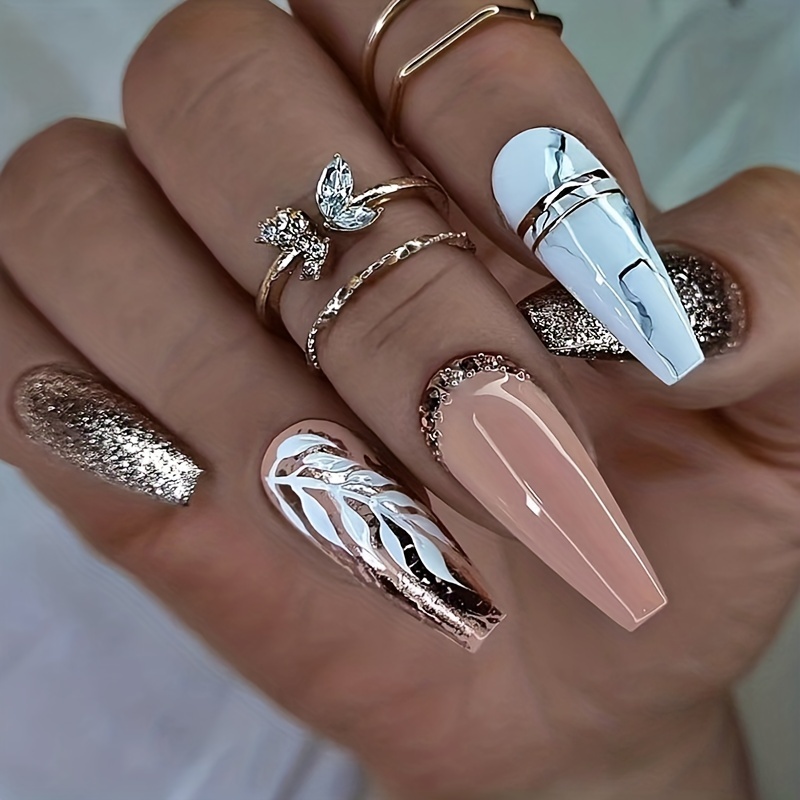 

24pcs Glossy Long Ballerina Fake Nails, Golden Glitter Press On Nails With Leaves Design, Fall And Winter False Nails For Women Girls