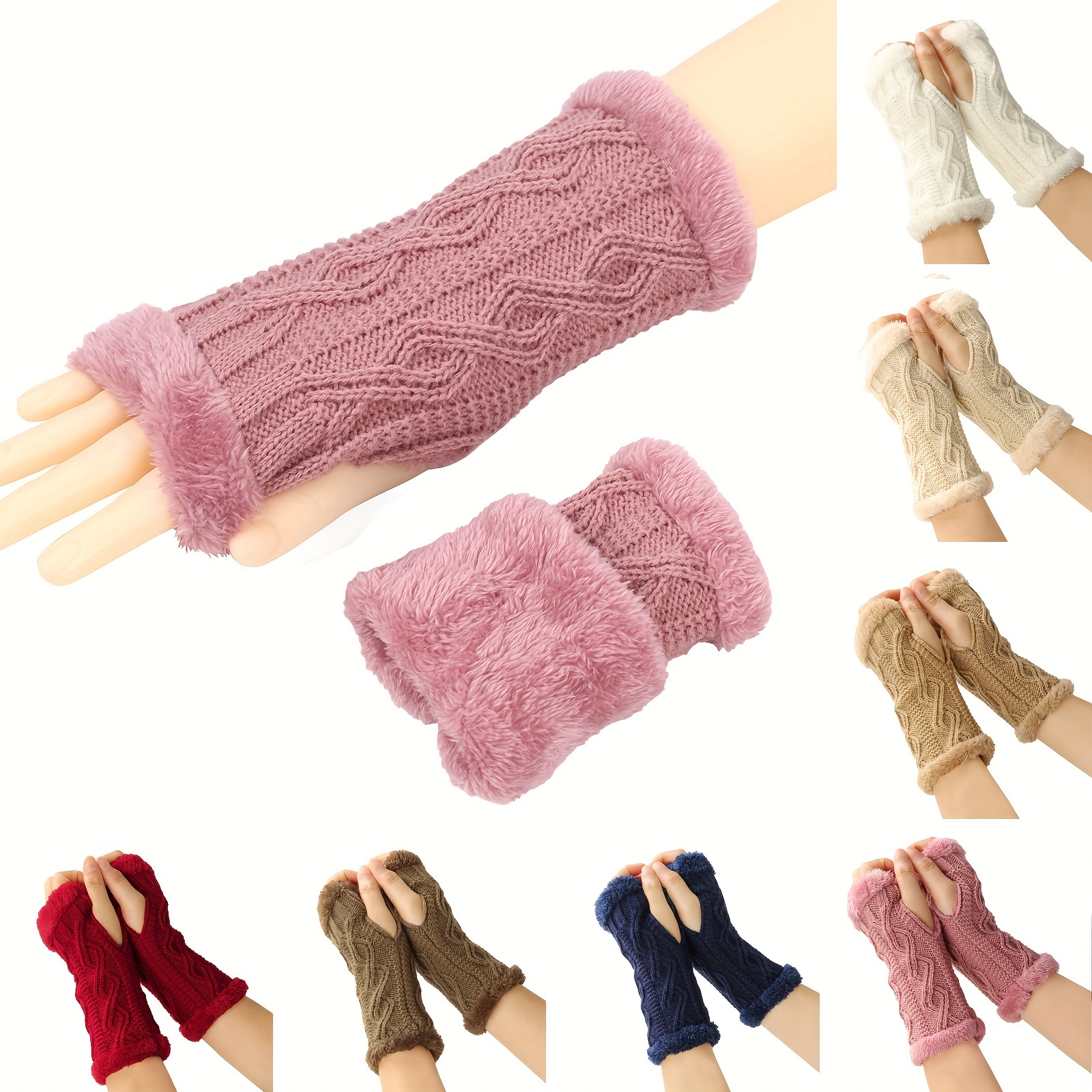 Solid Color Twist Knit Gloves Short Velvet Lined Warm Fingerless Gloves Winter Thick Warm Wrist Cover details 3