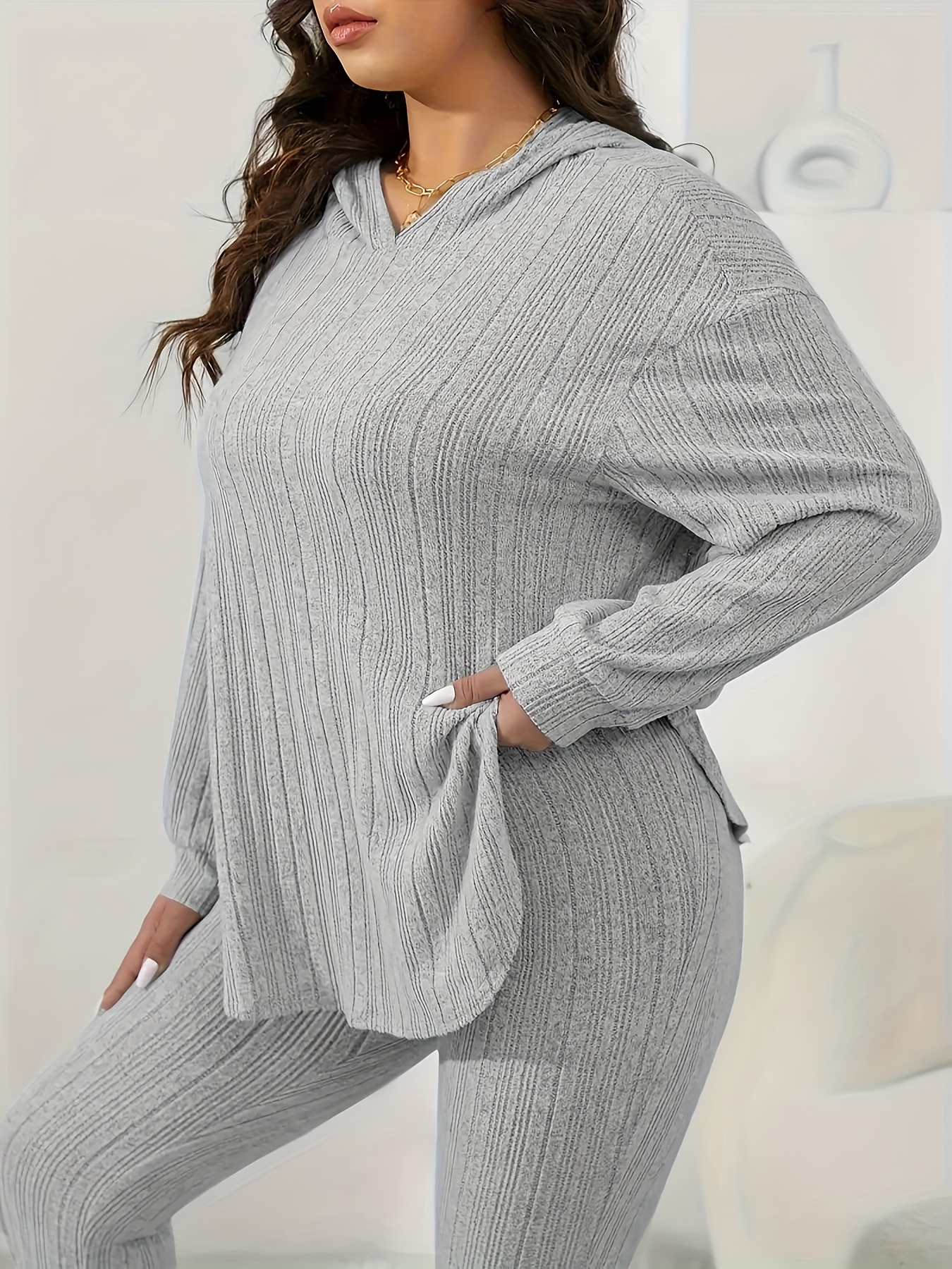 Plus Size Casual Sweater Outfits Set Women's Plus Solid Long - Temu