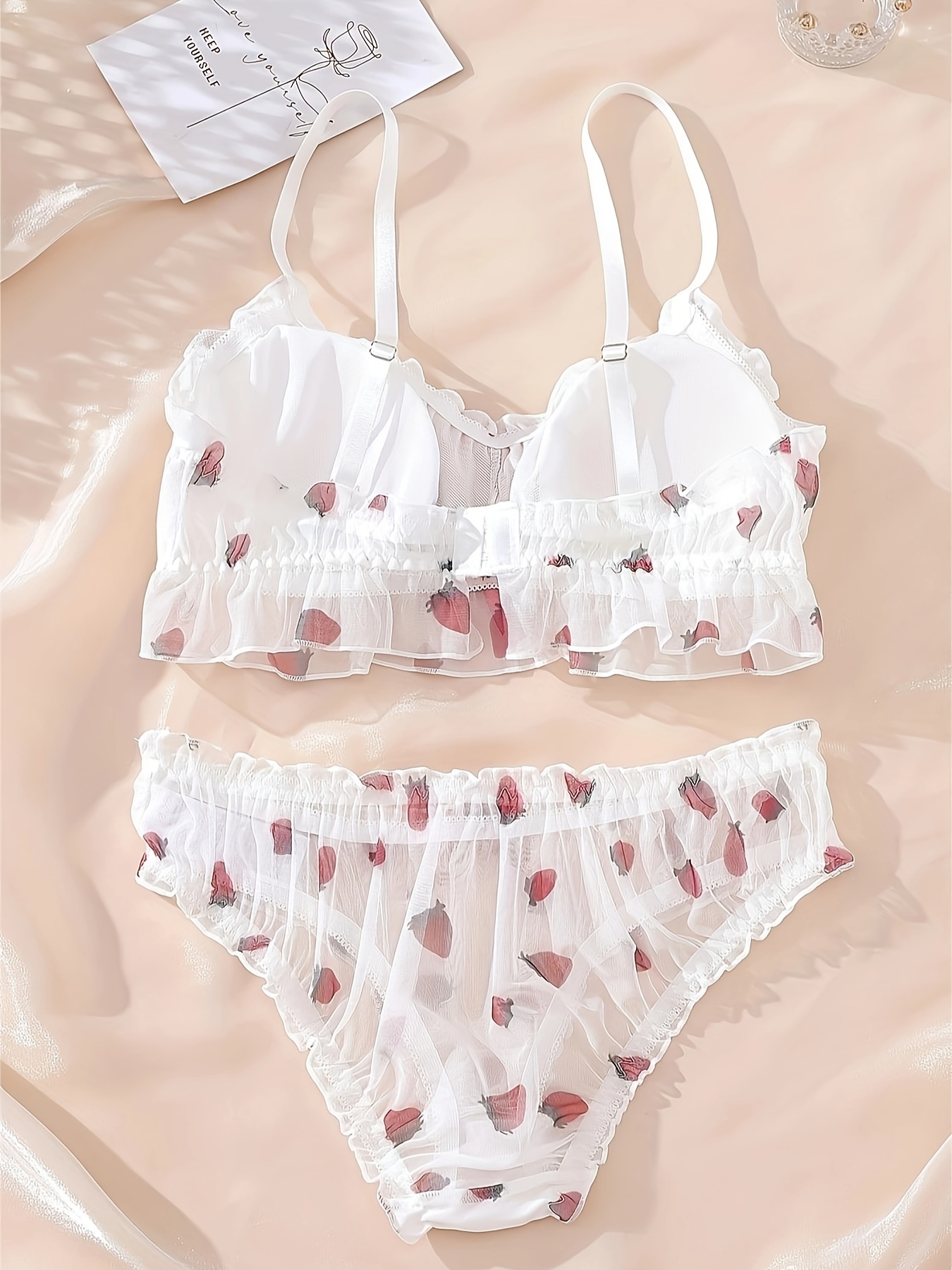 Strawberry Print Bra Panties Ruffle Bow Tie Bra Mesh Bikini - Temu
