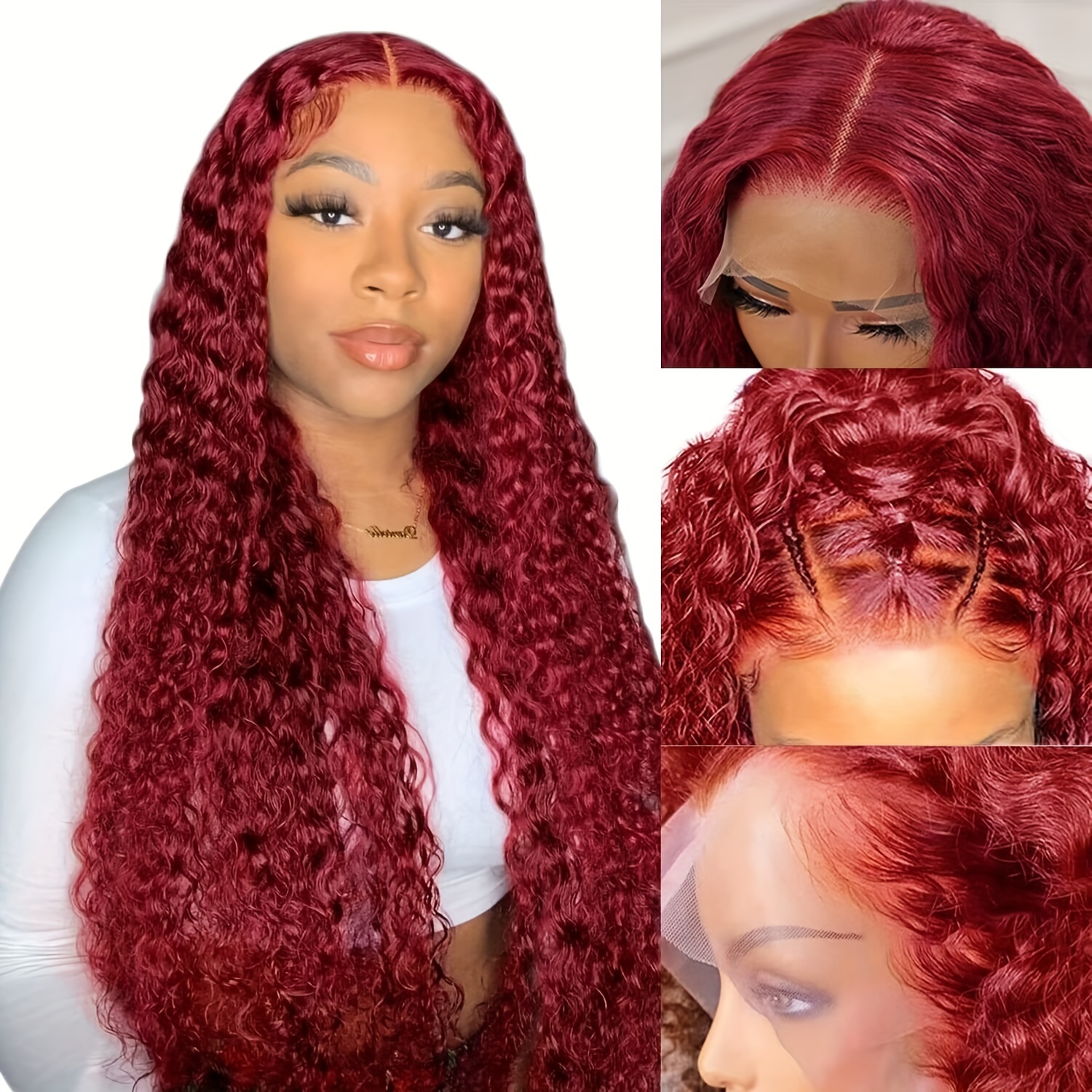 13x4 Hd Water Wave Lace Front Wig Burgundy Curly Human Hair - Temu