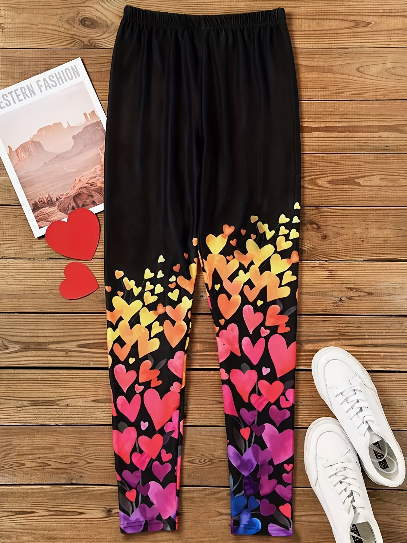 Heart Print Skinny Leggings Casual Elastic Waist Stretchy - Temu