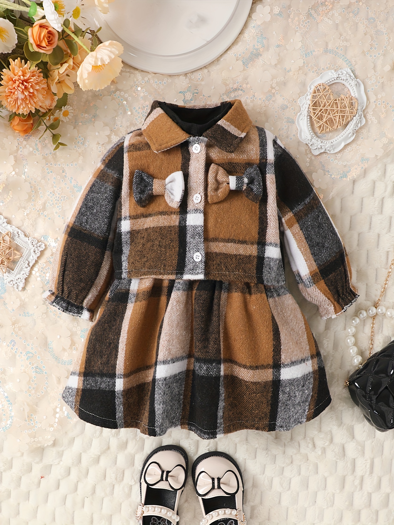 Baby Girls' Vintage College Style Plaid Embroidery Printed Three Piece Set  For Autumn And Winter